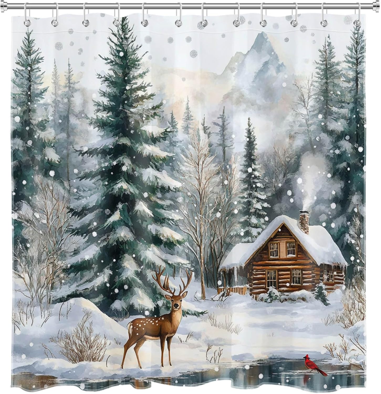 LB Christmas Deer Shower Curtain Sets with Rugs Winter Snowy Woodland Wild Animal Cardinal Fabric Shower Curtain with Hooks Rustic Farmhouse Nature Landscape Bathroom Curtains Shower Set, 70x70 inches