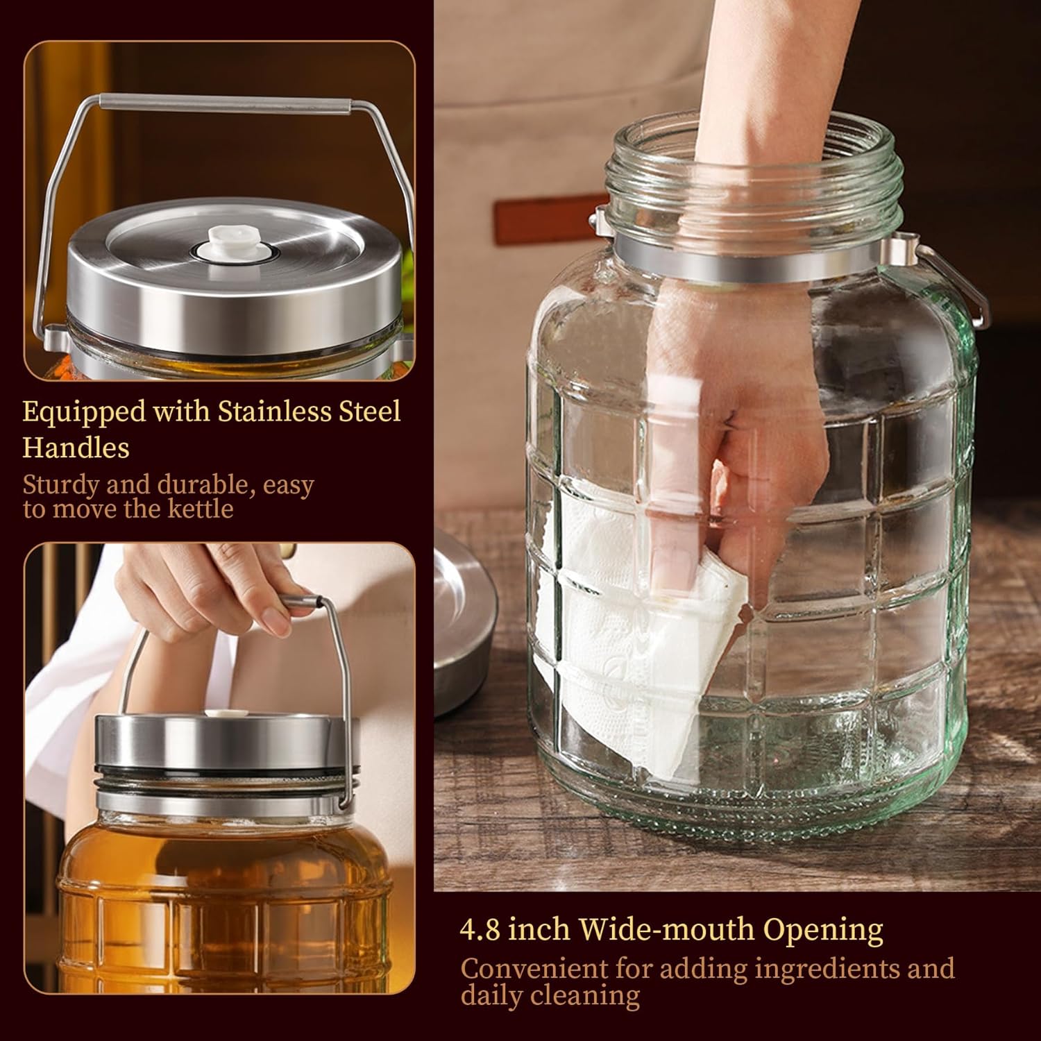 3 Gallon Glass Water Jug, 3 Gallon Fermentation Glass Carby with Airlock Lid and Stainless Steel Handle for Beer Wine Making(Clear, Single set)