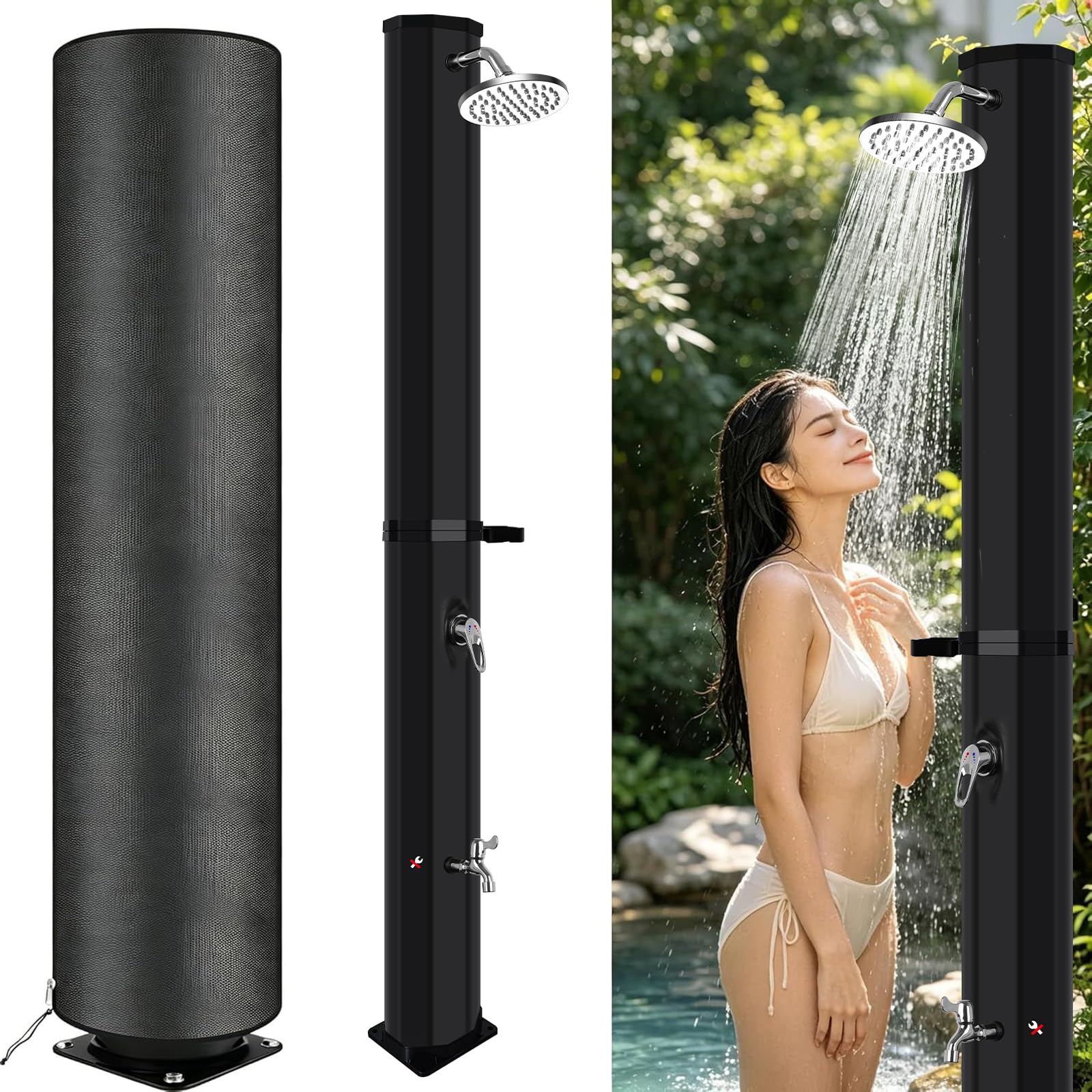 Doccia Solare Esterno 60 L, Colonna Doccia Solare Piscina con Telo Protettivo, Solare da Esterno con Doccia e Rubinetto a Pedale, Serbatoio PVC, Acqua Calda Fredda, Soffione 360° Giardino Campeggio
