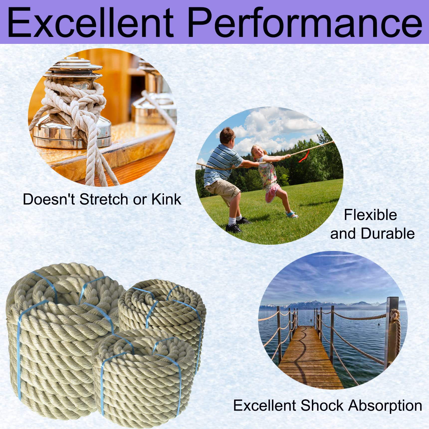 3/4 Inch Polypropylene Rope - 50ft Synthetic Manila Cord For Outdoor & Crafts