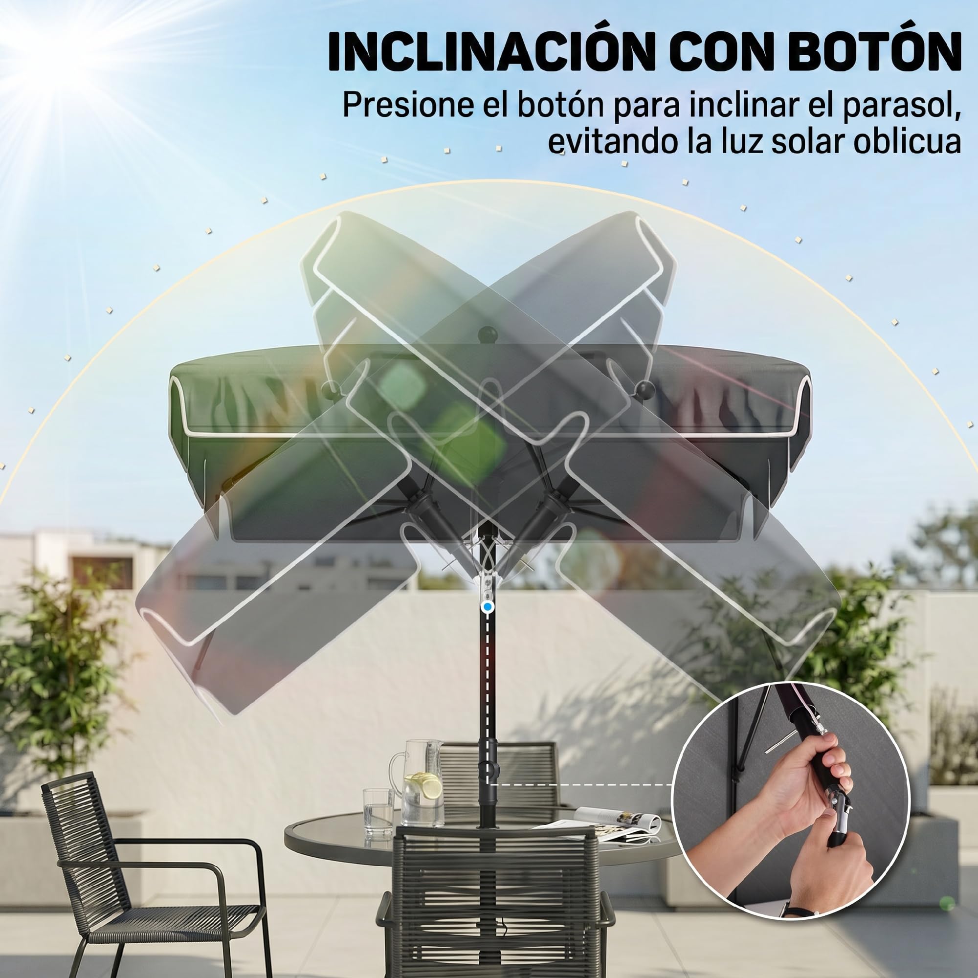 Outsunny Sombrilla de Jardín de Aluminio 2x1,3x2,5 m Parasol de Jardín Rectangular con Función de Inclinación para Terraza Patio Exterior