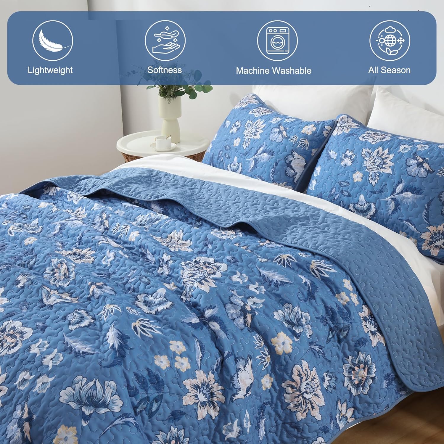 Cottolester Quilt Set King，Blue Floral Bedspread Coverlet Bedding,Soft Lightweight Spring Summer Farmhouse Plant Bed Cover Sets for All Season 104"x90"