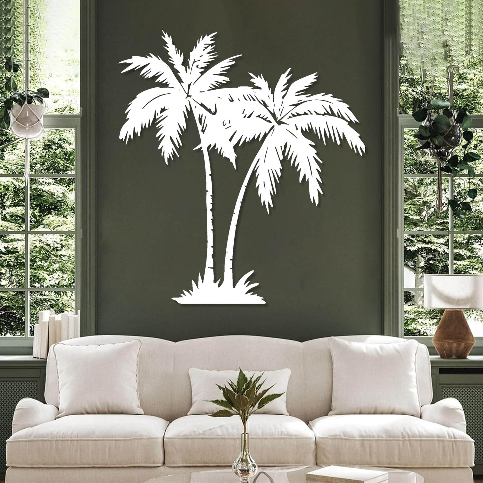 Generico Decoración de pared abstracta contemporánea de Metal con palmeras tropicales, Arte playero, casa de hojas costeras, para exteriores (81 x 90 cm, Blanco)