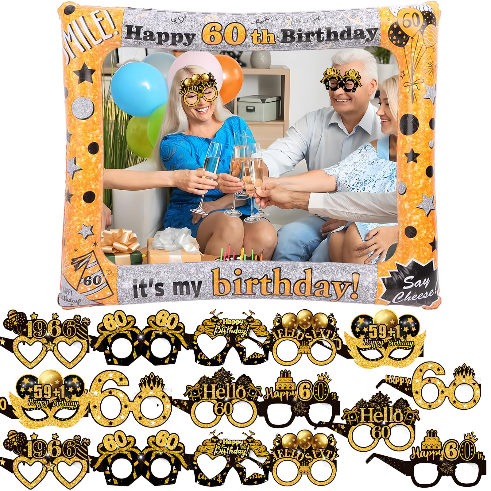 17Pcs Birthday Photo Booth Props Black Gold - 71 x 58cm 60th Inflatable Selfie Frame and 60th Birthday Glasses for Men Women Age 60 Party Supply (60th)