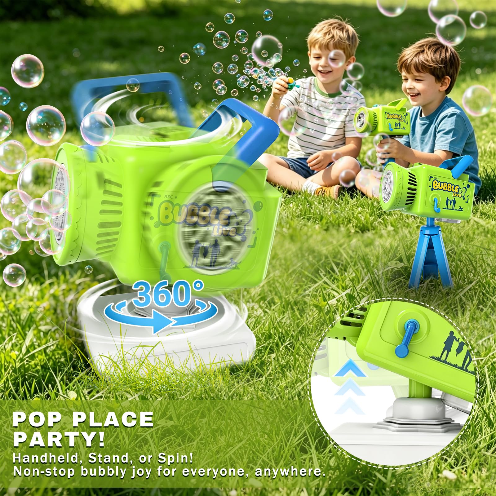 Seifenblasenmaschine Wiederaufladbar 1200mAh, 3-in-1 Handheld Seifenblasenpistole mit Stativ & 360° Drehplatte, LED Licht & Musik, Seifenblasenmaschine Kinder Outdoor für Hochzeit Garten