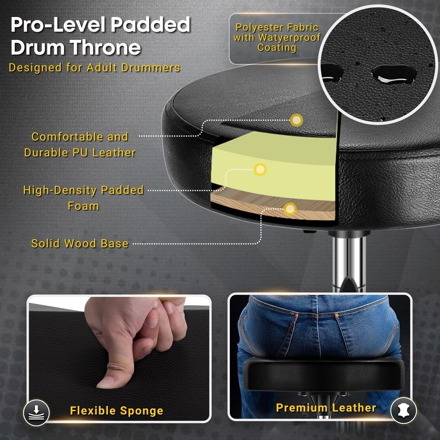 Flexzion Drummer Throne - Padded Drum Stool for Adults & Kids with Adjustable Height - Round Top Drummer Chair Seat with Foldable Tripod & Anti-Slip Rubber Feet for Beginner & Professional Musician