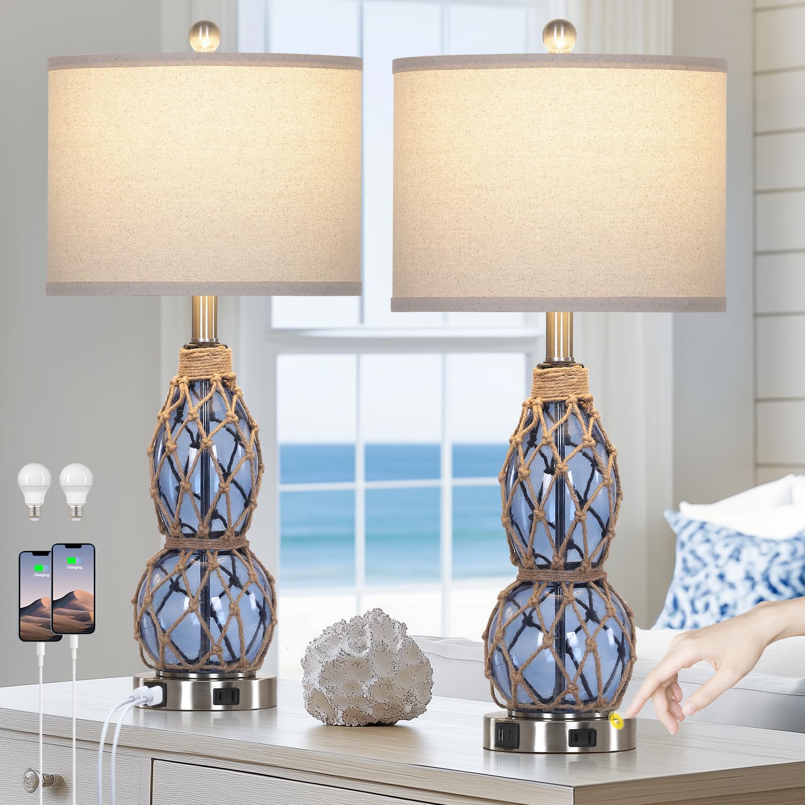 26 Coastal Glass Table Lamps Set of 2 3-Way Dimmable Touch Lamps with USB Ports and AC Outlet