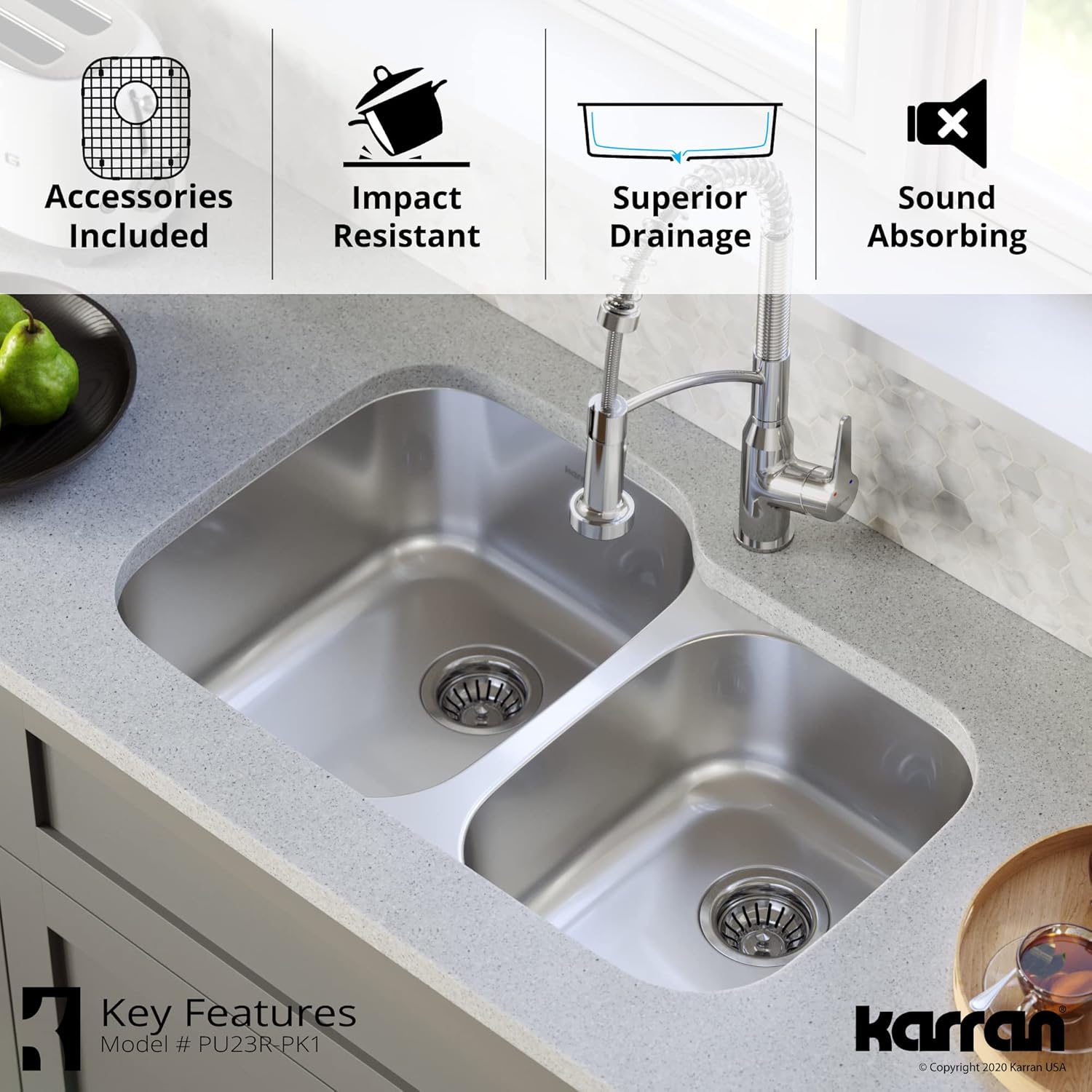 Karran 32" Undermount 18-Gauge Stainless Steel 60/40 Double Bowl Kitchen Sink Kit
