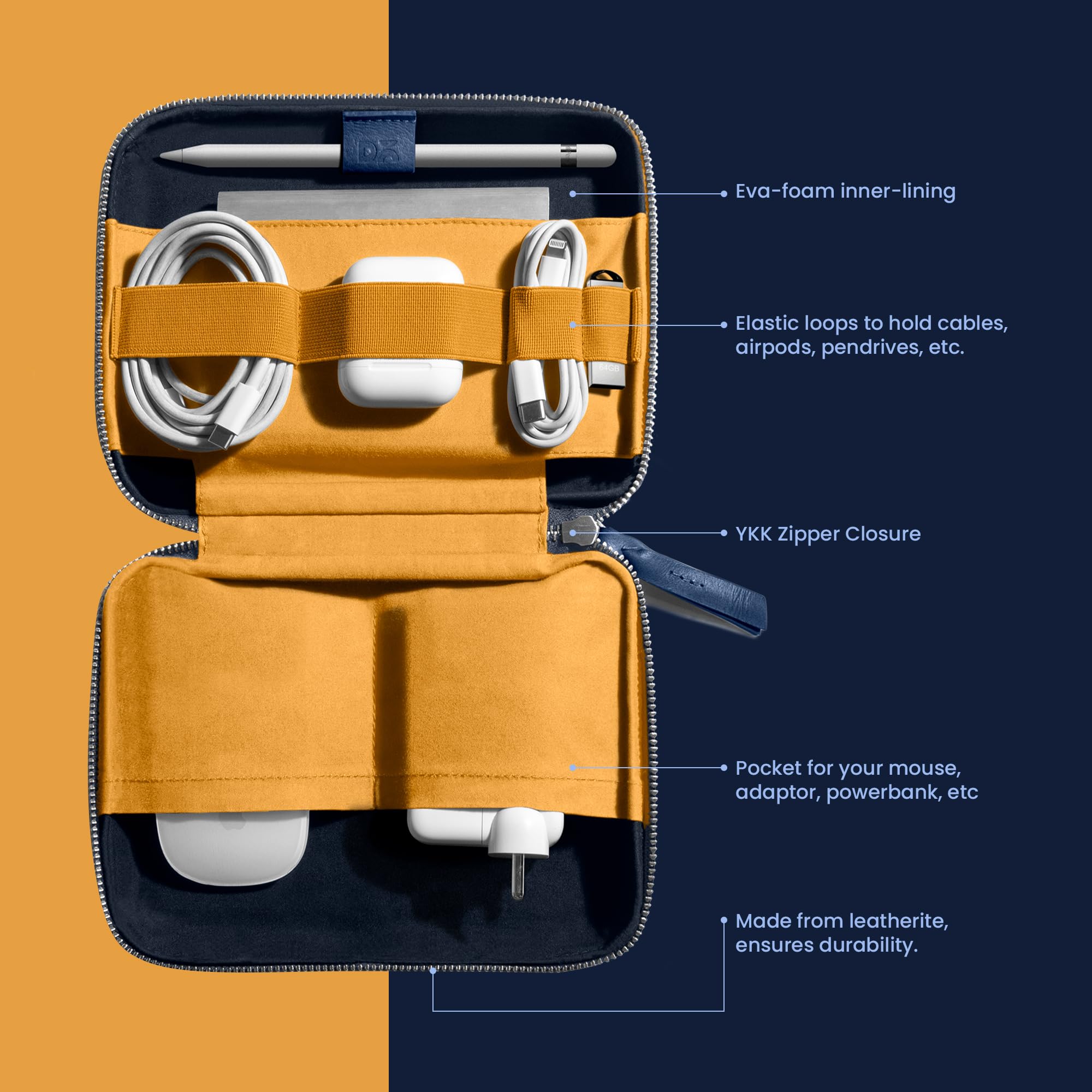 DailyObjects Leather Travel Electronic Accessories Storage Bag | Portable Gadget Organizer Case | Tech Kit Pouch for Cables, Drives, Chargers, Adapters, Power Banks | Charger Wire Organiser - Blue