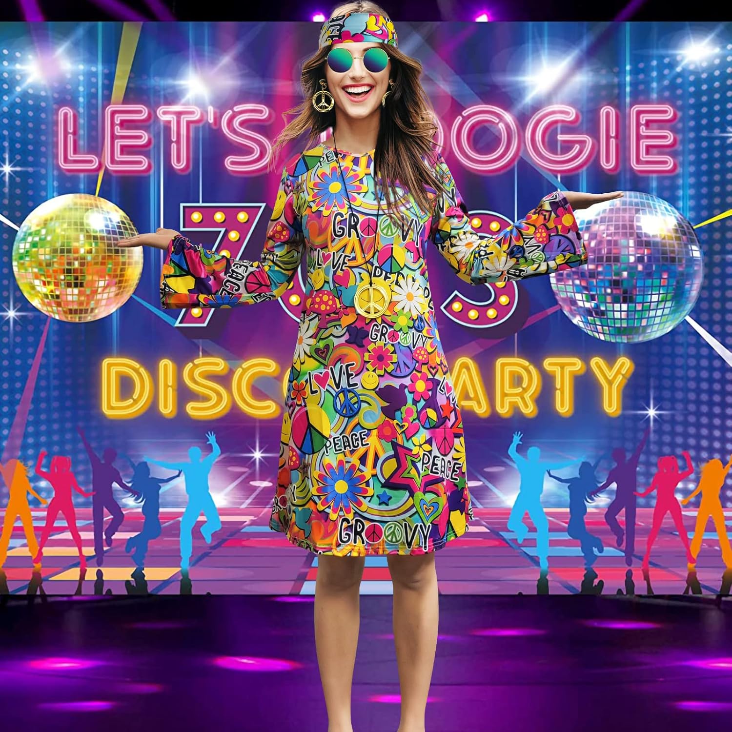 70s Hippie Dress Costumes Necklace Earrings Sunglass Women Disco Outfit, 60s Party Costume, Halloween Retro Dresses - Image 2