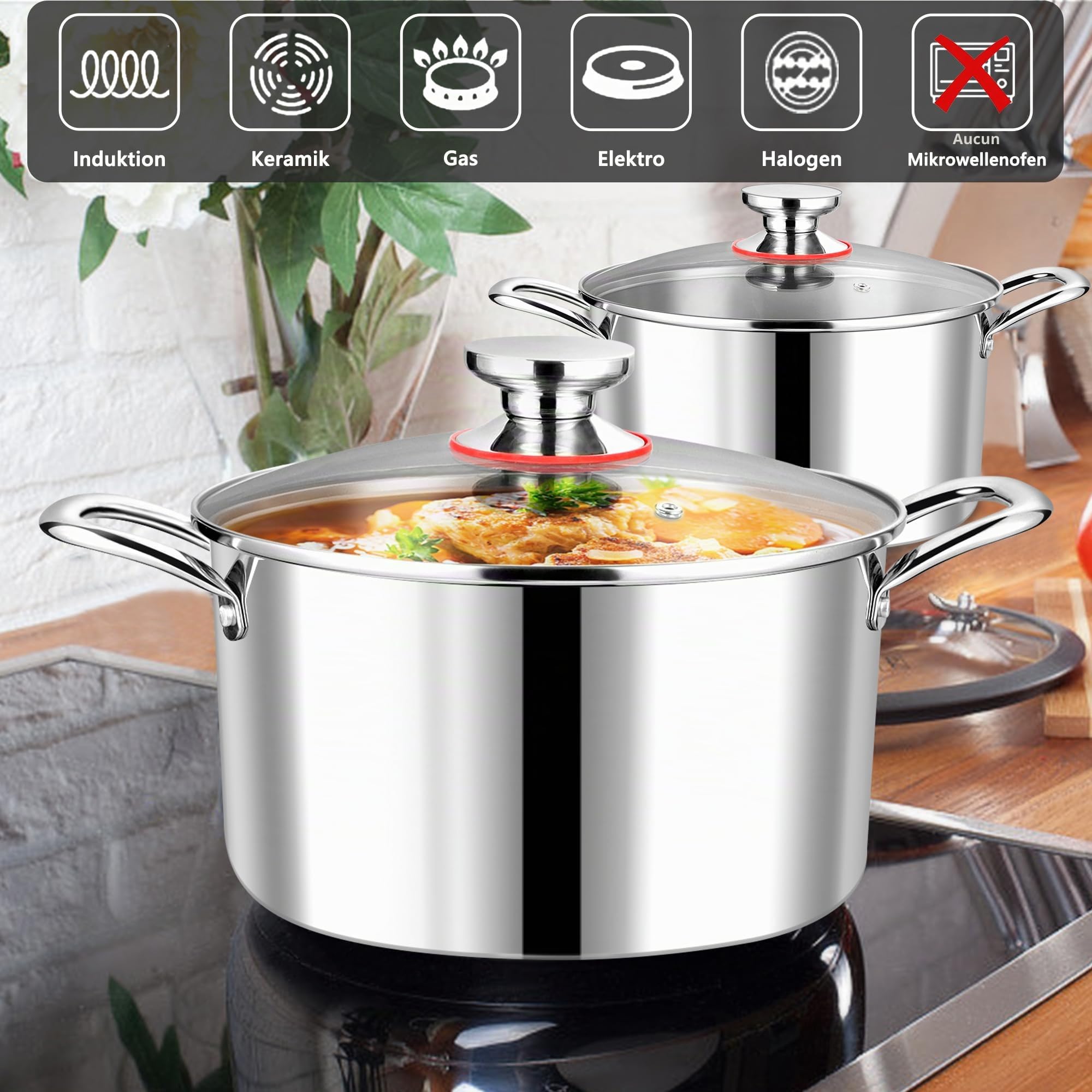 Joyfair Faitout 22 cm acier inoxydable 3 couches, casserole induction 5 l, convient tous feux, passe lave-vaisselle