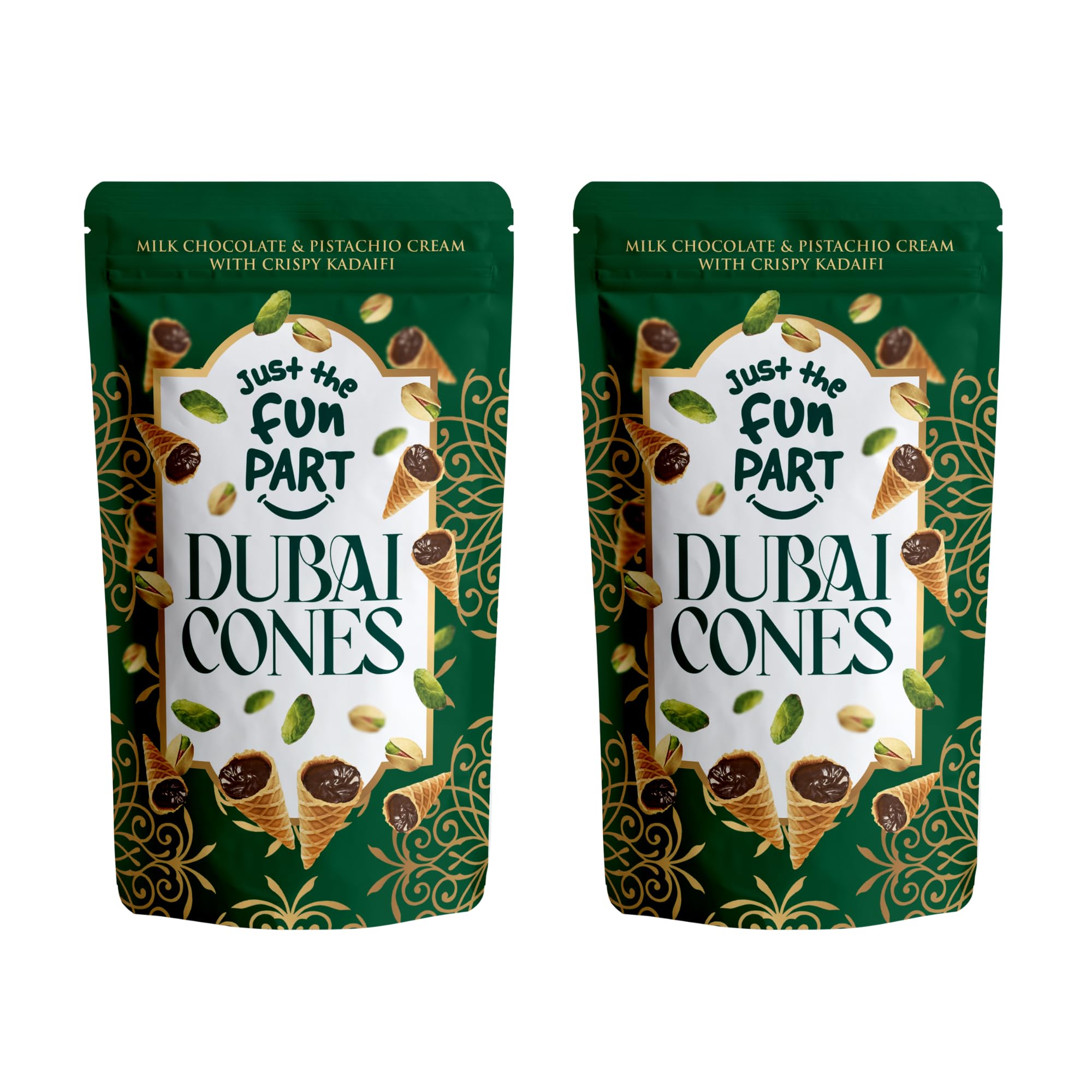 Just The Fun Part | Bite-Size Crispy Mini Waffle Dubai Cones | Filled With Premium Belgian Milk Chocolate & Pistachio Cream with Crispy Kadaifi| 4.23 Ounce (Pack of 2, Dubai Cones)