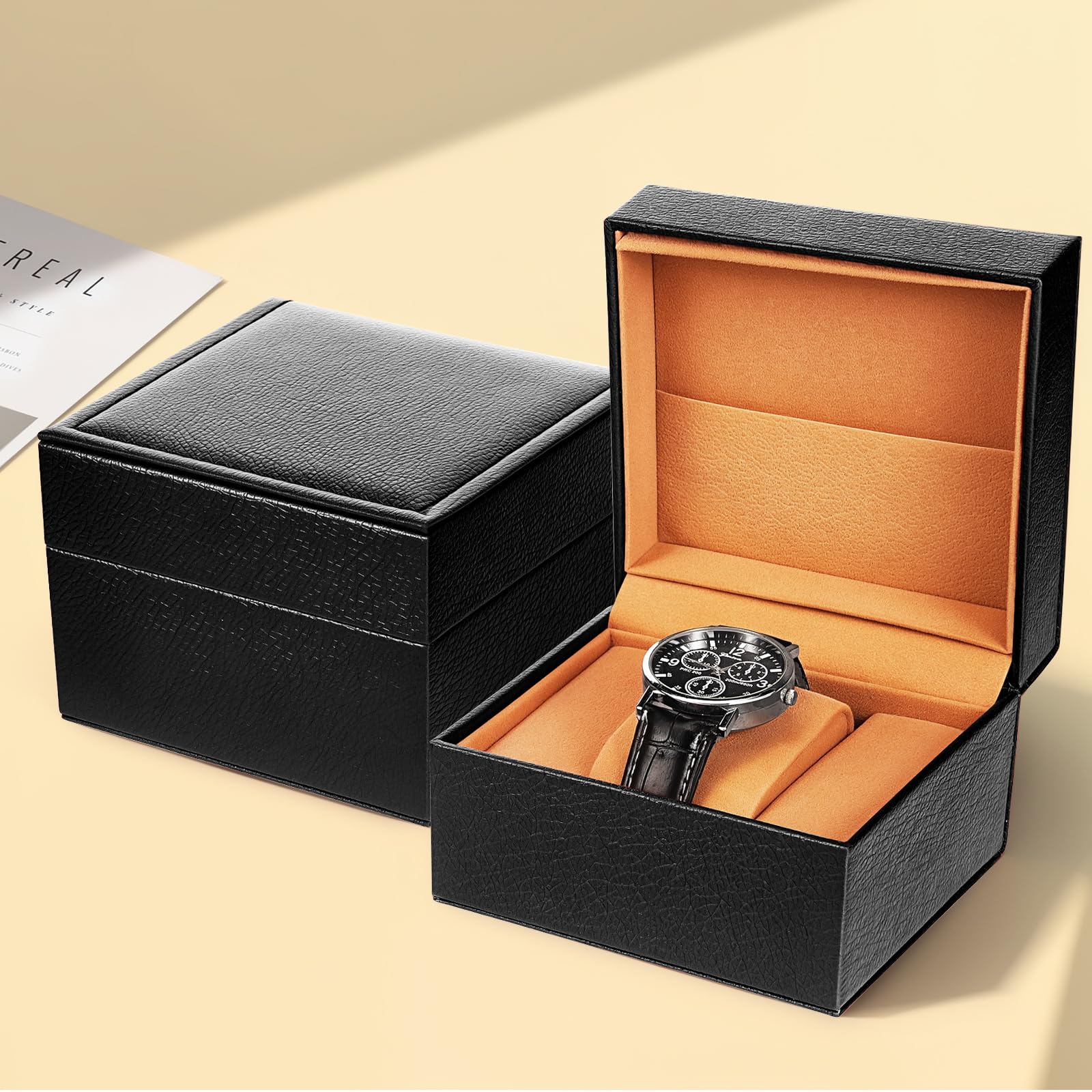 Single Watch Box with Pillow,PU Leather Watch Case Wristwatch Travel Storage Display Holder Boxe for Men Women（black）