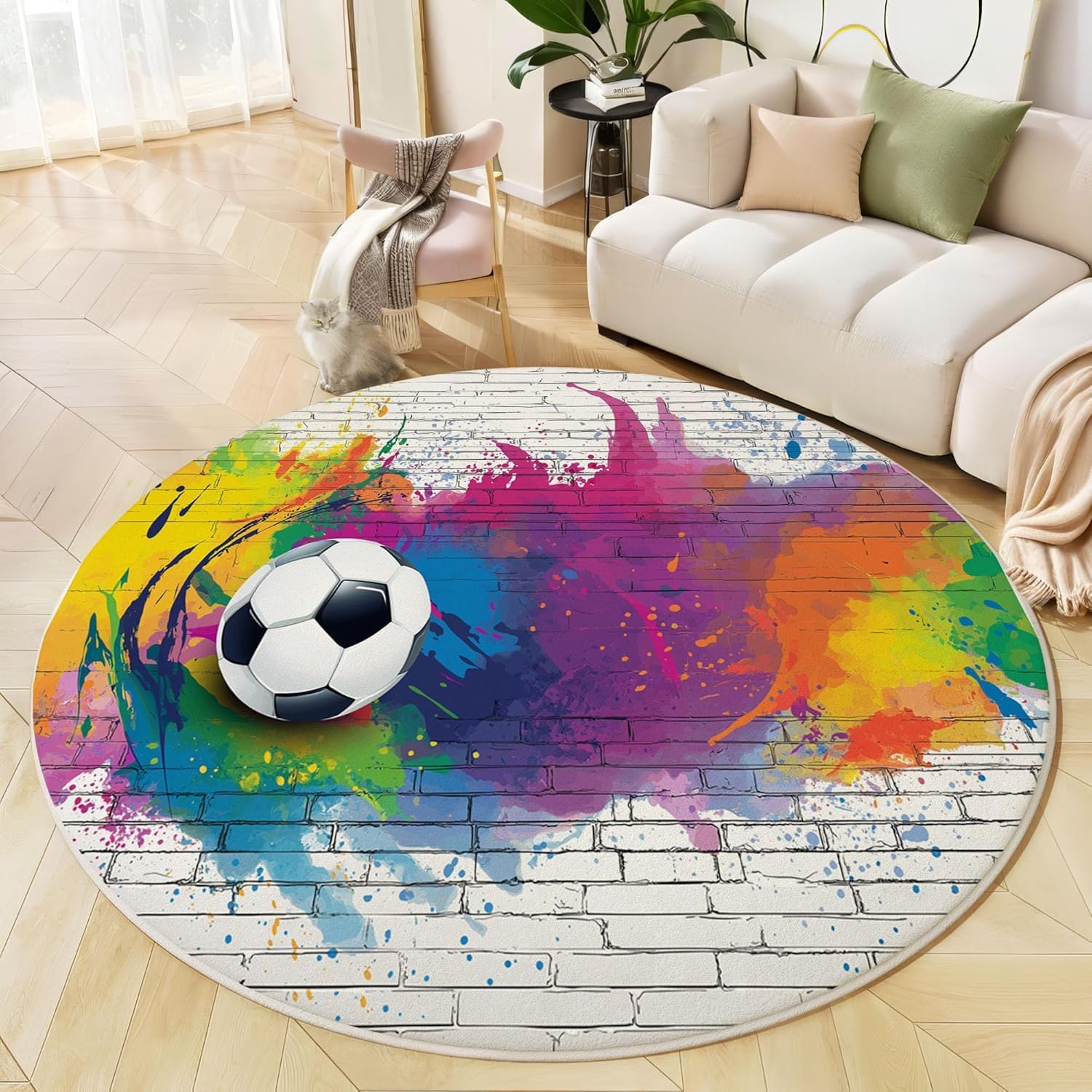 Tapis rond football 80 cm tapis salon 3D lavable et antidérapant