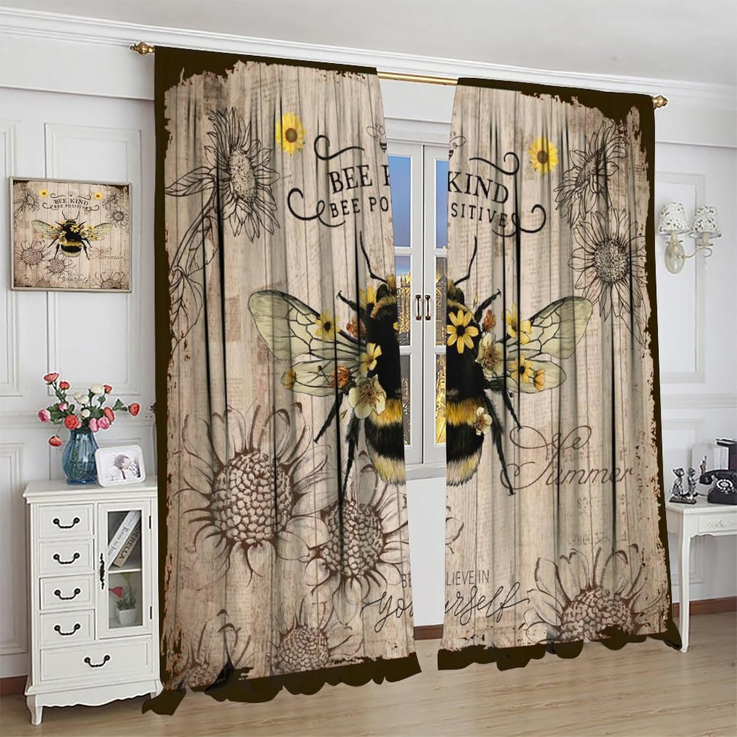 Rustic Farmhouse Bee Kitchen Curtains,Positive Vintage Inspirational Motivational Wooden Blackout Rod Pocket Window Treatments for Women Girls Bedroom Living Restaurant Cafe Drapes 42" W X 45" L