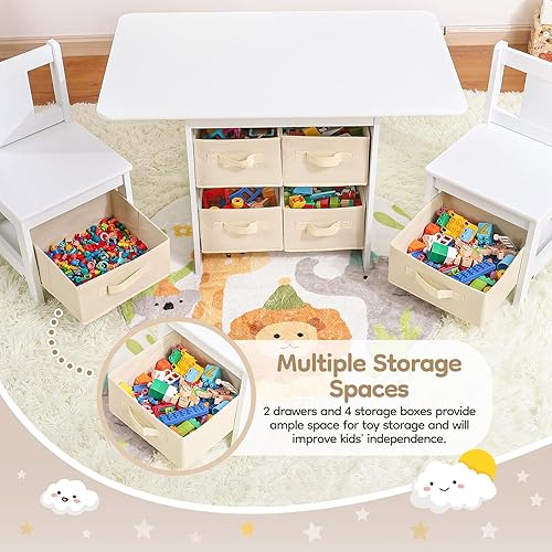 Miniatura 3 de Juego de mesa y silla para niños (2 sillas incluidas), juego de mesa y sillas de madera para niños pequeños con 6 cajas de almacenamiento, muebles