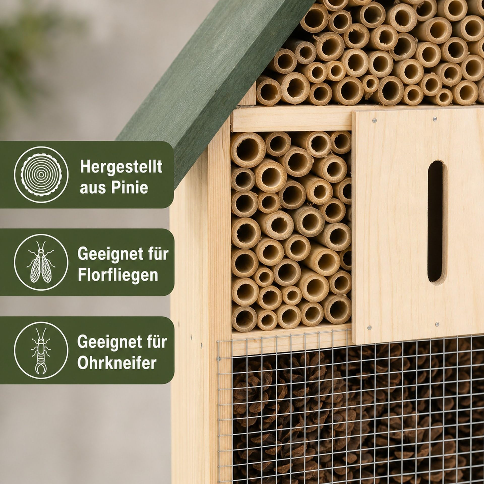 Insektenhotel XXL 40x28x9 cm aus Kiefer Bambus Pinie - für Wildbienen Marienkäfer Schmetterlinge Artenschutz Garten Ganzjährig Sonniger Standort