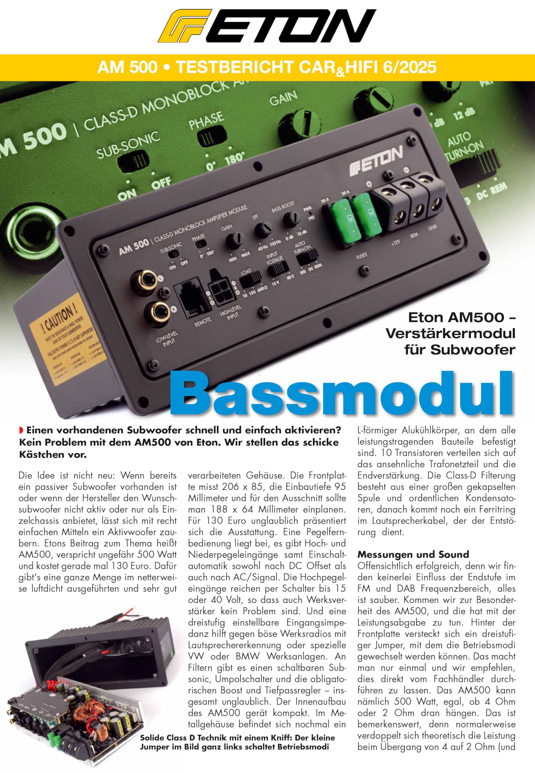 ETON AM 500 – Mocny moduł wzmacniacza do zabudowy 540 W RMS 1-kanałowy dla subwoofera, z regulowanym ogranicznikiem mocy stopnia wyjściowego, idealny do samodzielnej budowy aktywnego subwoofera