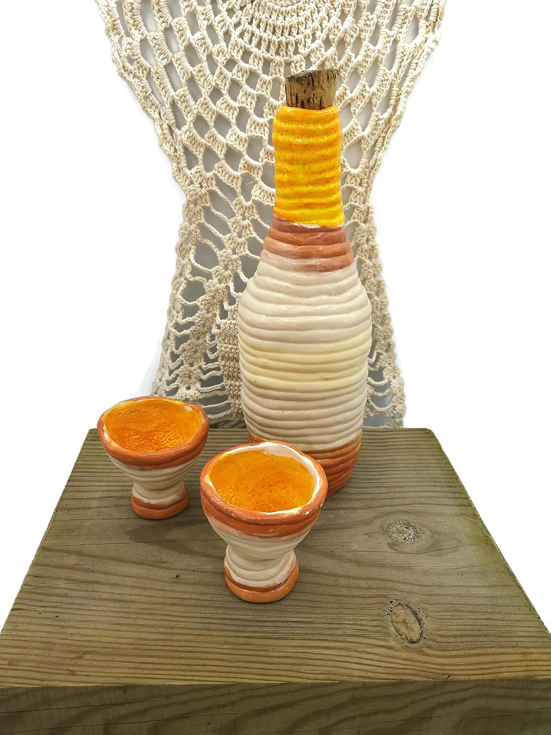 Handmade Ceramic Set of 1 Orange Cetamic Bottle and 2 Glasses, Eclectic Home Decor Accents