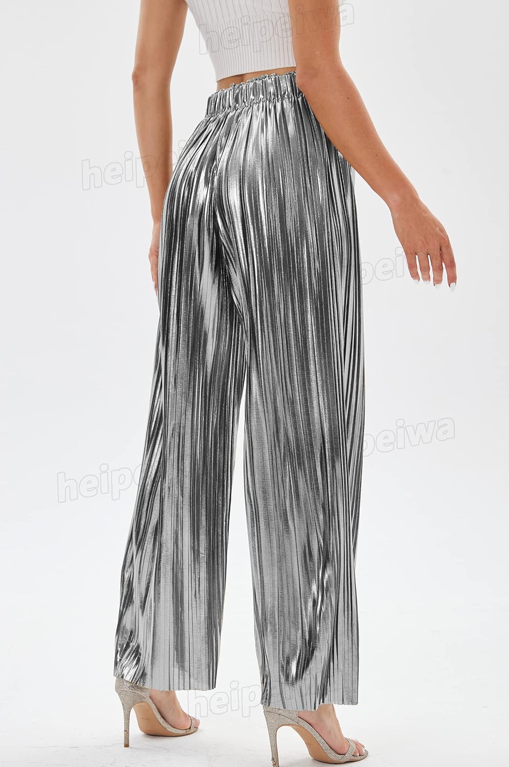heipeiwa Women's Shiny Pleated Wide Leg Pants Party Nightout High Waist Trouser Folded Lightweight Outfit Clubwear - Image 4