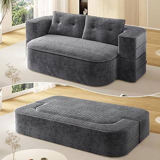 78.7'' Folding Sofa Bed Queen Sleeper Sofa, 2-in-1 Convertible Corduroy Boneless Couch with Blanket, Modern Futon Loveseat Couches for Living Room, Guest Bed, No Assembly Couch, Dark Grey