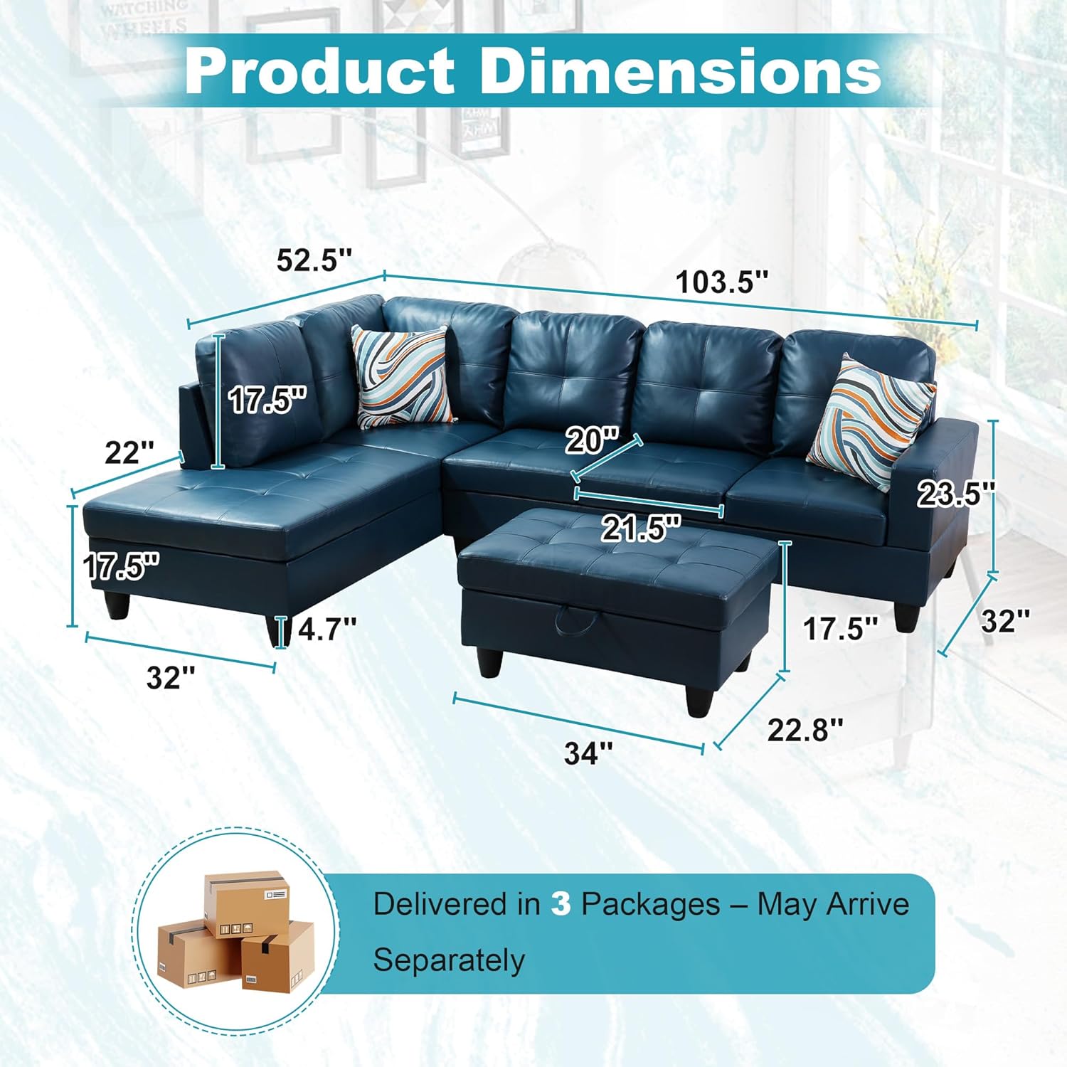 103.5" oversized sectional couch, l shaped couch with storage ottoman, modern modular sofa with deep seat, sectional couches for living room and office, peacock blue (pu leather) peacock blue--pu leather left facing+ ottoman