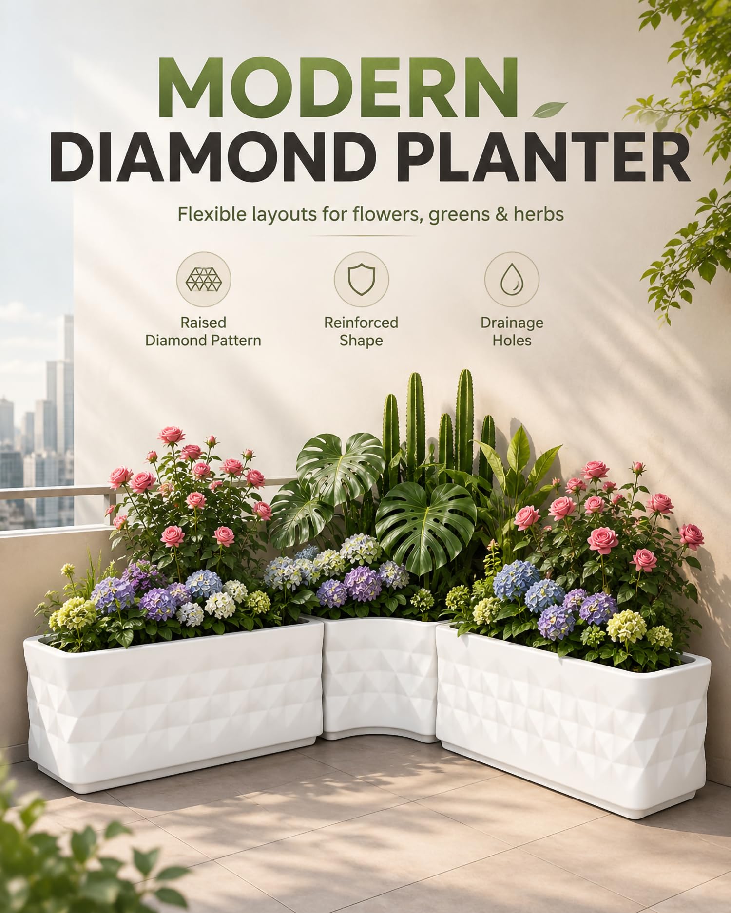 Jardinera Exterior Grande con Patrón De Diamante, Forma Reforzada Y Drenaje, Jardinera Elevada para Balcón, Macetero Exterior para Flores Y Plantas Pequeñas,Blanca,58 * 58 * 30cm