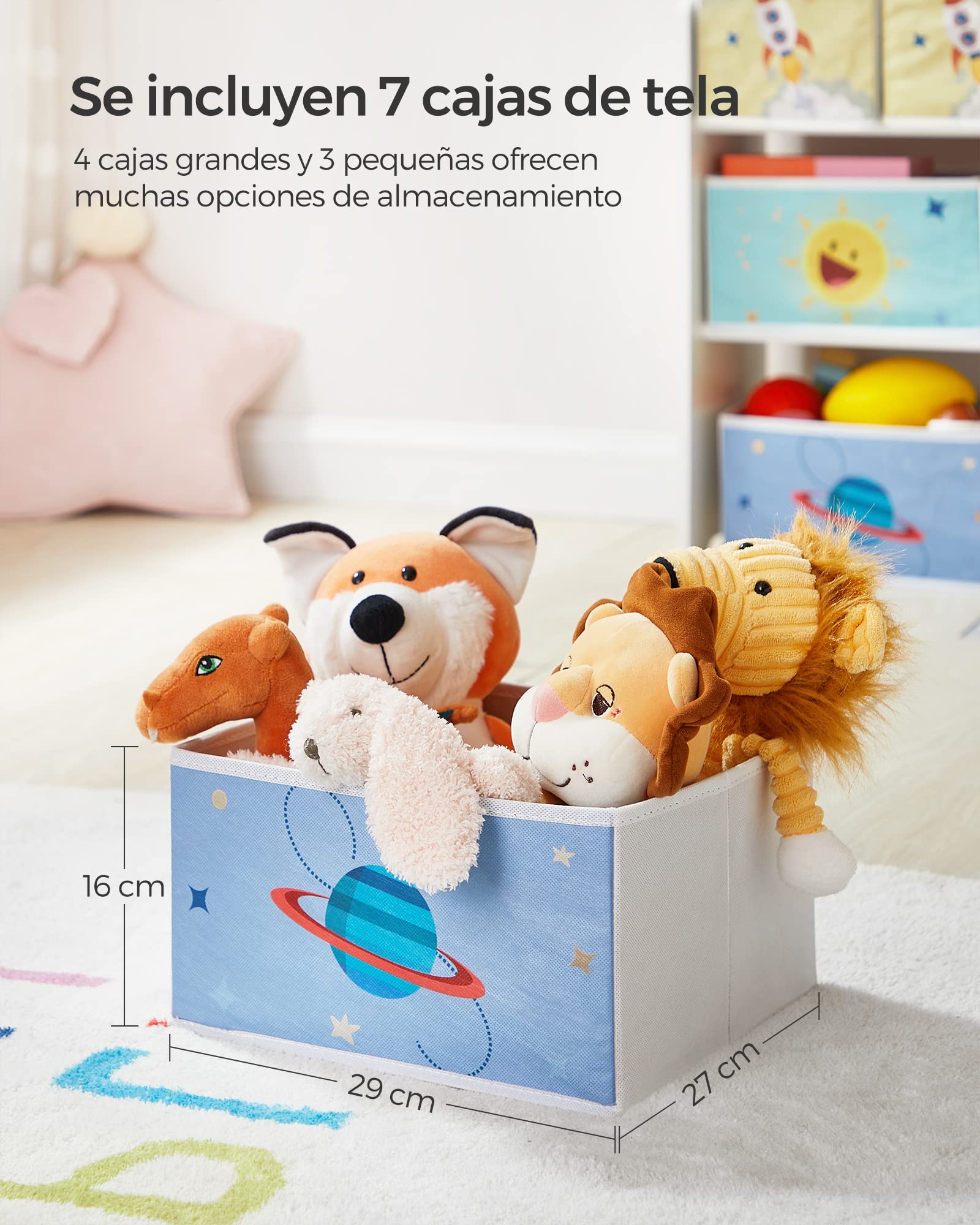 SONGMICS Estantería de habitación Infantil con 7 Cajas de Almacenamiento de Tela no Tejida, estantería para niños, Organizador de Juguetes, 29,5 x 62,5 x 60 cm, Color Blanco GKR034W01
