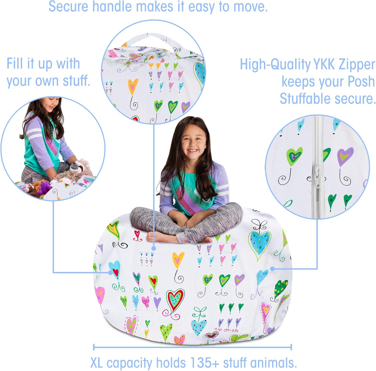 Posh Stuffable Kids Stuffed Animal Storage Bean Bag Chair Cover - Childrens Toy Organizer, X-Large-48 - Canvas Multi-Colored Hearts on White