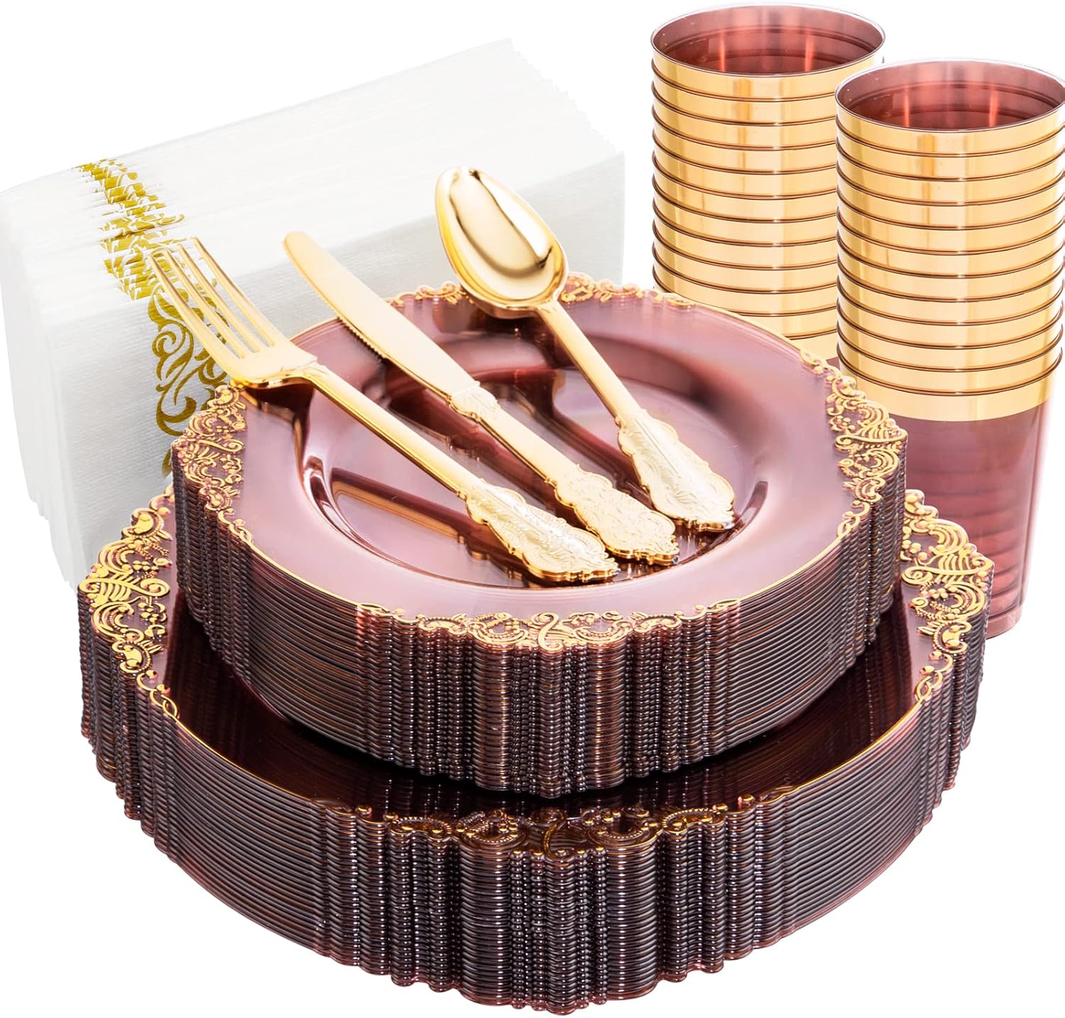 Hioasis 175pcs Clear Burgundy Plastic Plates,Burgundy Red Disposable Plates include 25 Dinner Plates 25 Dessert Plates 25Knives 25Forks 25Spoons 25Cups 25Napkins Perfect for Wedding&Parties Burgundy and Gold 175 Pieces (25 Guests)