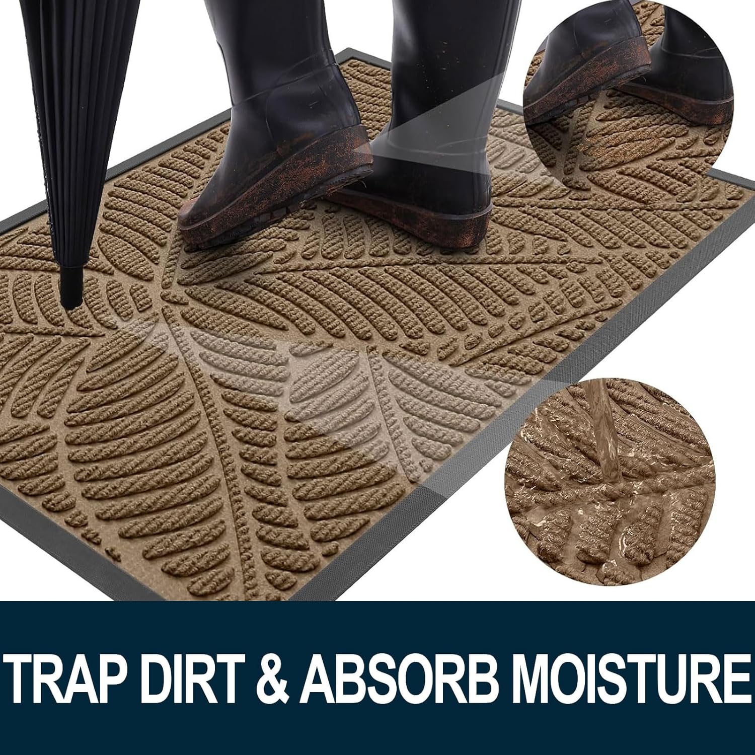 Colorxy Waterproof Doormat, Sturdy Natural Rubber Front Indoor Mat, Non Slip Low Profile Outdoor Door Mat, Stain and Fade Resistant Floor Mats, Easy Clean Patio Entry Mat, 30''x17'', Light Brown