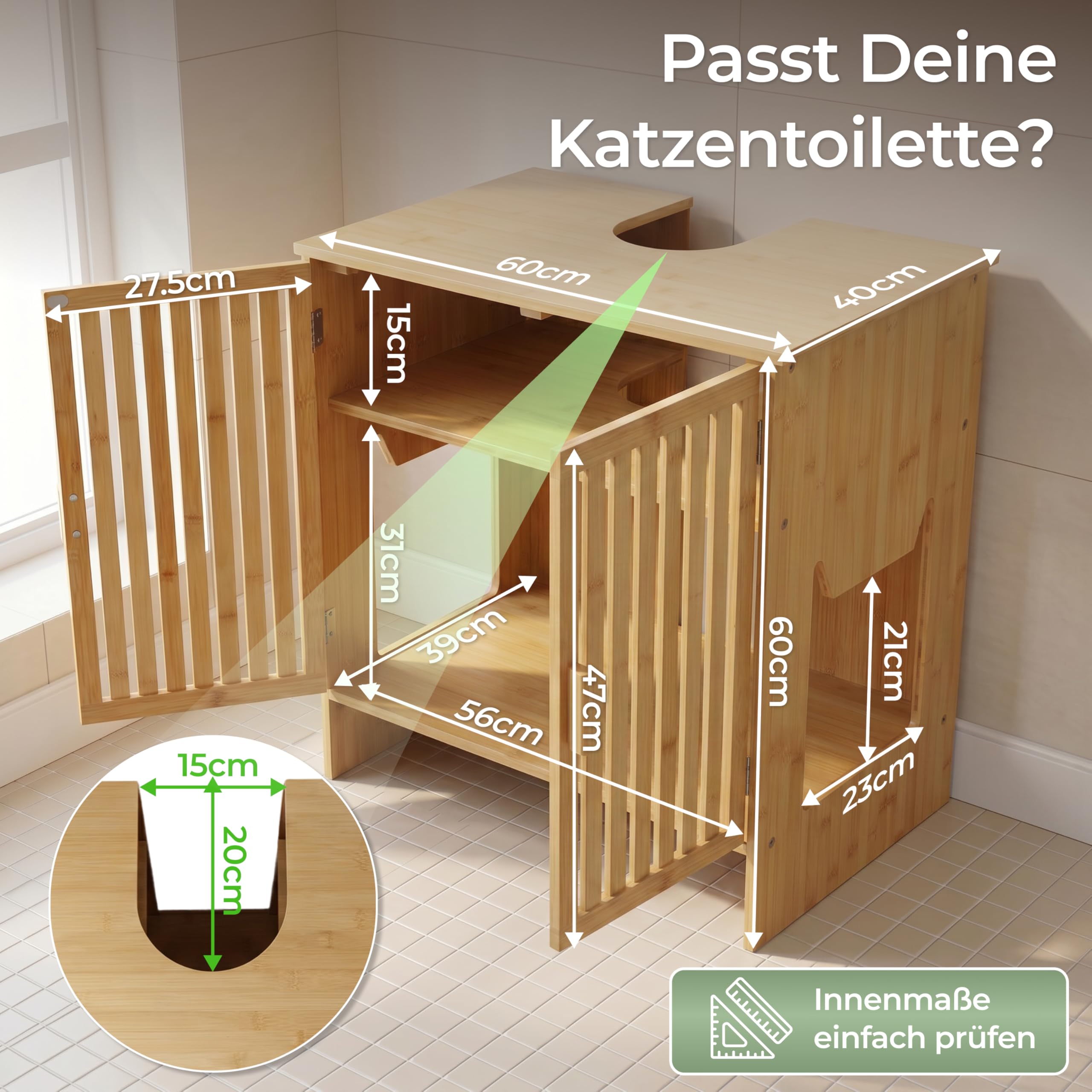 WOOWOOD Katzenklo Waschbeckenunterschrank aus Bambus - Extrem Feuchteresistent - Katzenklo Schrank - Badezimmer Unterschrank - Katzenschrank, Katzentoilette Schrank, Katzenmöbel, 60×44×60 cm