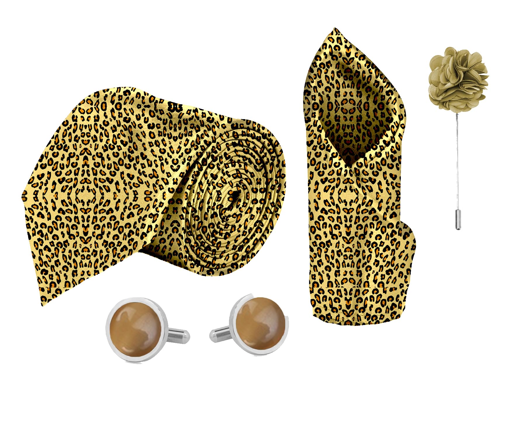 blacksmith Leopard Yellows Printed Tie and Pocket Square Set for Men with Natural Stone Cufflink and Matching Flower Lapel Pin-picture-47