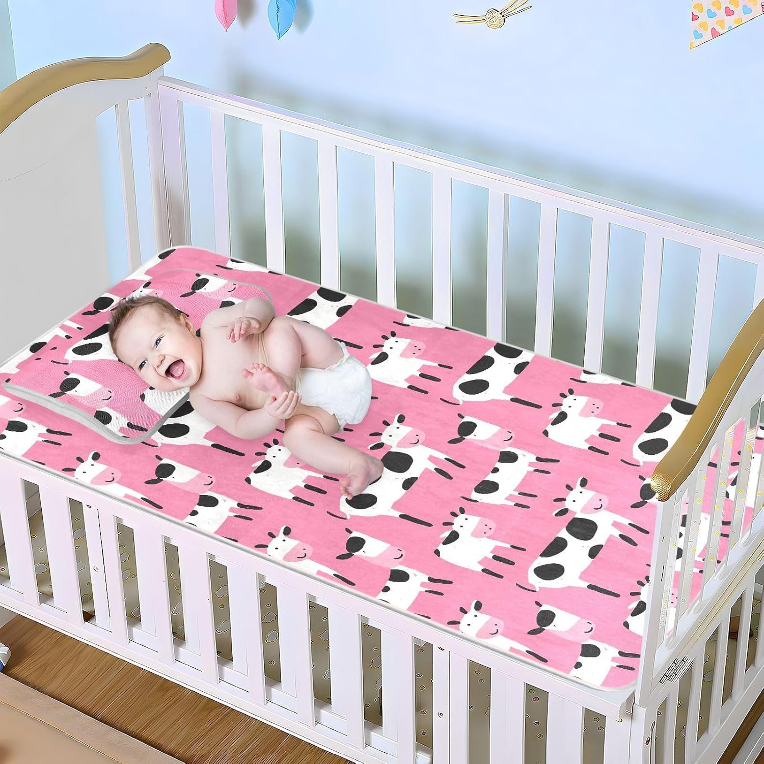 Cooling Baby Bed Mattress Cover 28" x 52" Absorbent Pads for Kids for Baby&Toddler Cartoon Cute Cow Pink