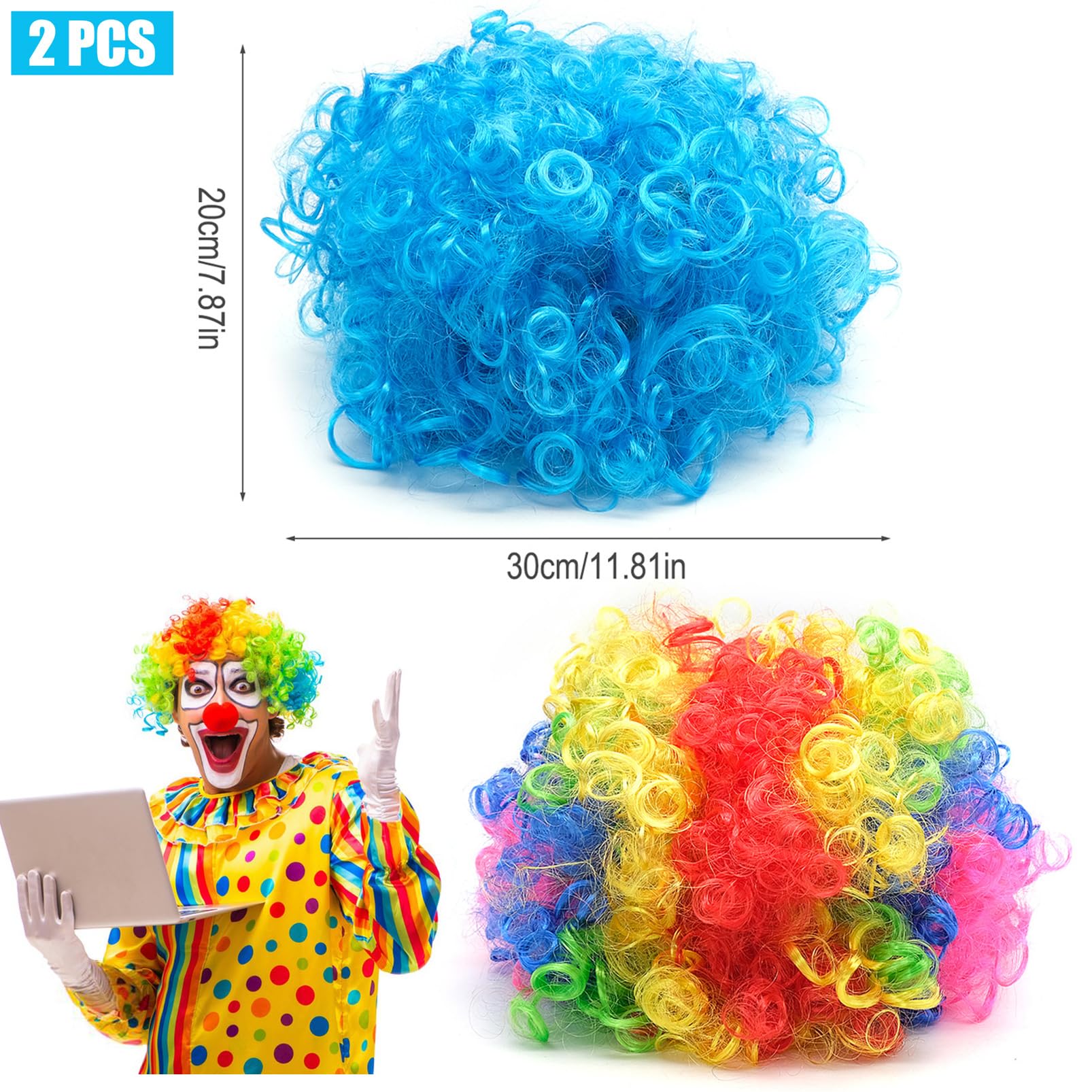 2 Piece Clown Wig, Rainbow Party Wigs Multi Coloured Afro Curly Wigs Bouncy Costume Wigs Party Costume Disco Accessory for Adults - One Size - Image 2