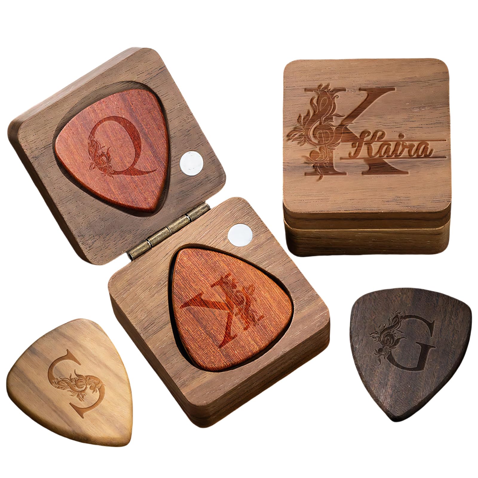 UIDMEN Personalized Wooden Guitar Picks Box, Portable Magnetic Storage Case, with 3 Pcs Custom Engraved Picks, Father's Day Birthday Gifts for Guitar Player Lover, Musician