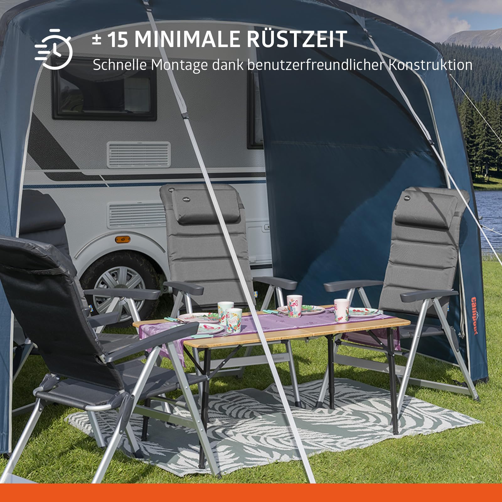 Campout Aufblasbares Vorzelt für Wohnwagen & Wohnmobil – 300 x 250 cm – 3000 mm Wassersäule – Anbauhöhe 235-250 cm – Aufbau in 15 Min – Inkl. Pumpe & Sturmabspannleinen