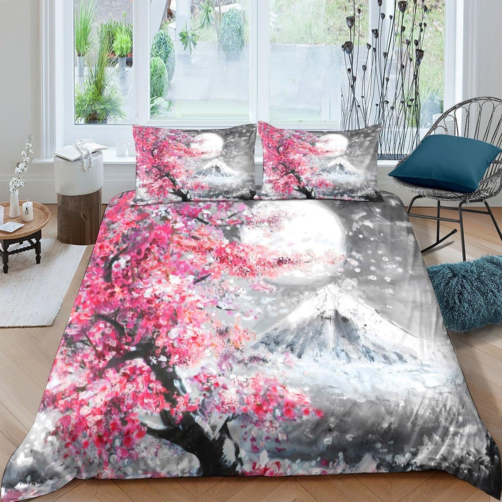 Ctjqhvkz Style-7 3D Printed Sakura Moon Fitted Sheet Microfiber Soft Breathable Mountain Landscape Bed Cover For Bedroom Guest Room Decor Single（135X200cm）