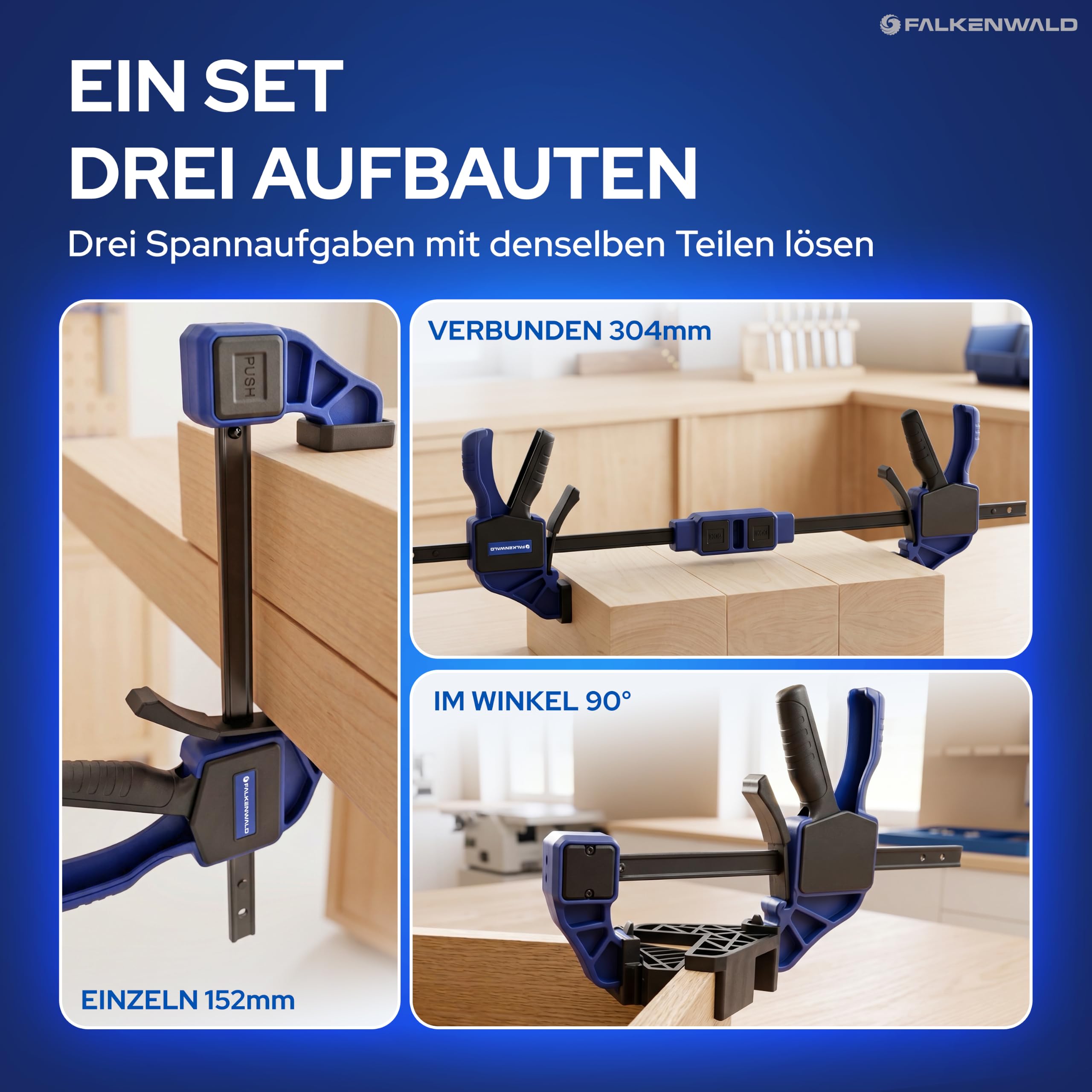 FALKENWALD Einhandzwinge Set - Klemmzwingen & Eckzwinge bis 304 mm