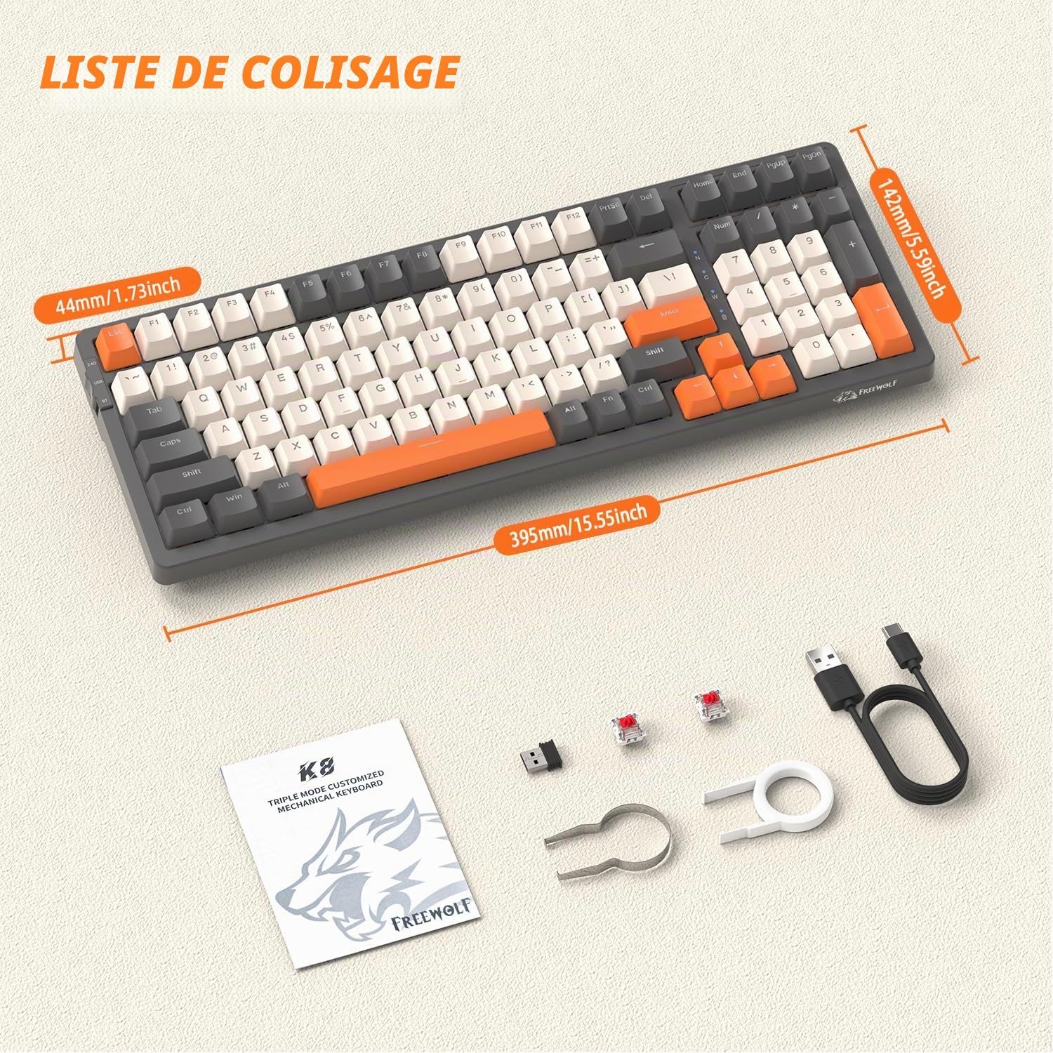 FREEWOLF K8 Clavier de Jeu Mécanique Sans Fil à échange à Chaud, Clavier Filaire Rétroéclairé RGB, Commutateur Rouge, Bluetooth/2,4 GHz/USB-C Tri Mode avec batterie 4000 mAh pour Mac/Win – Gris/Orange