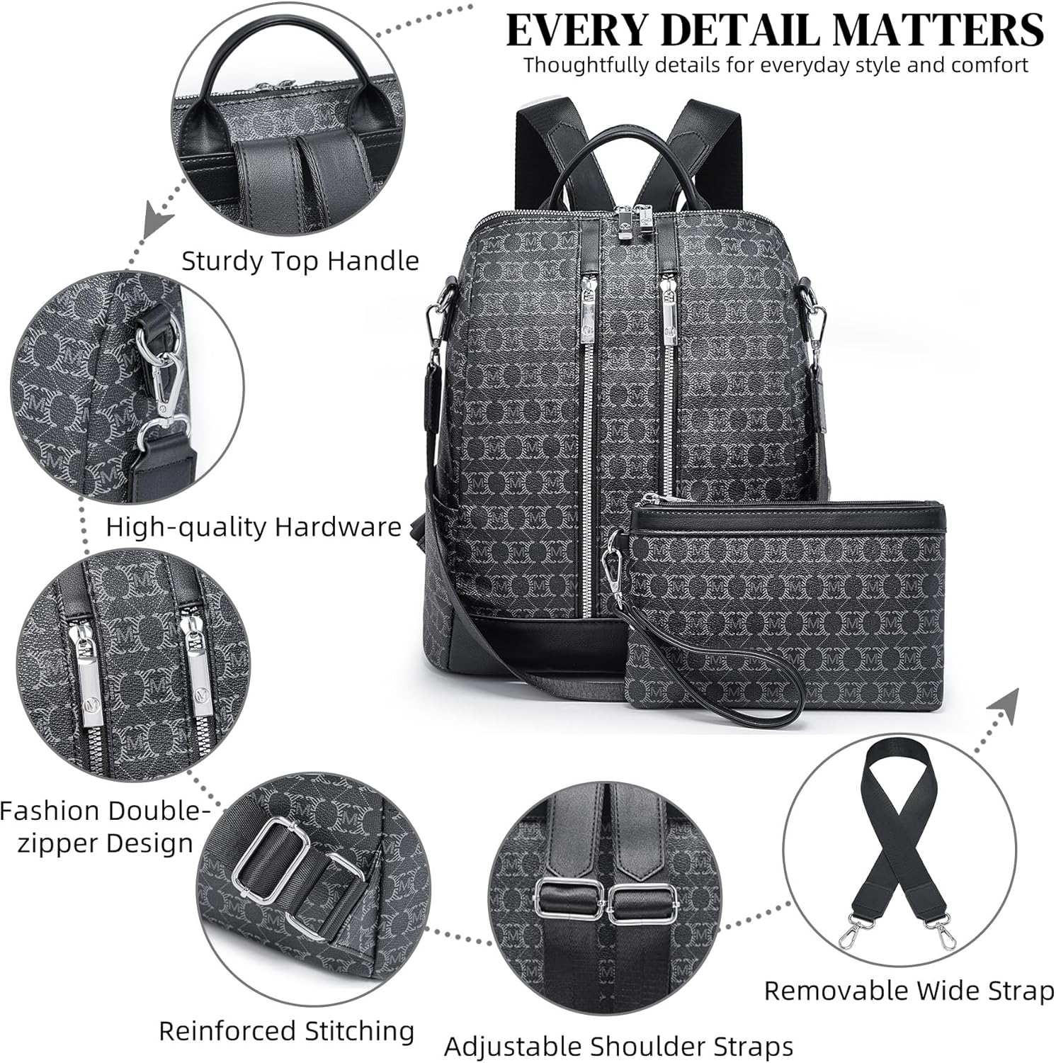 Backpack Purse for Women Vegan Leather Travel Backpack with Wristlet, Designer Convertible Shoulder Bag Satchel Handbag, Lightweight Fashion Backpack with Wide Strap, Black - Image 4