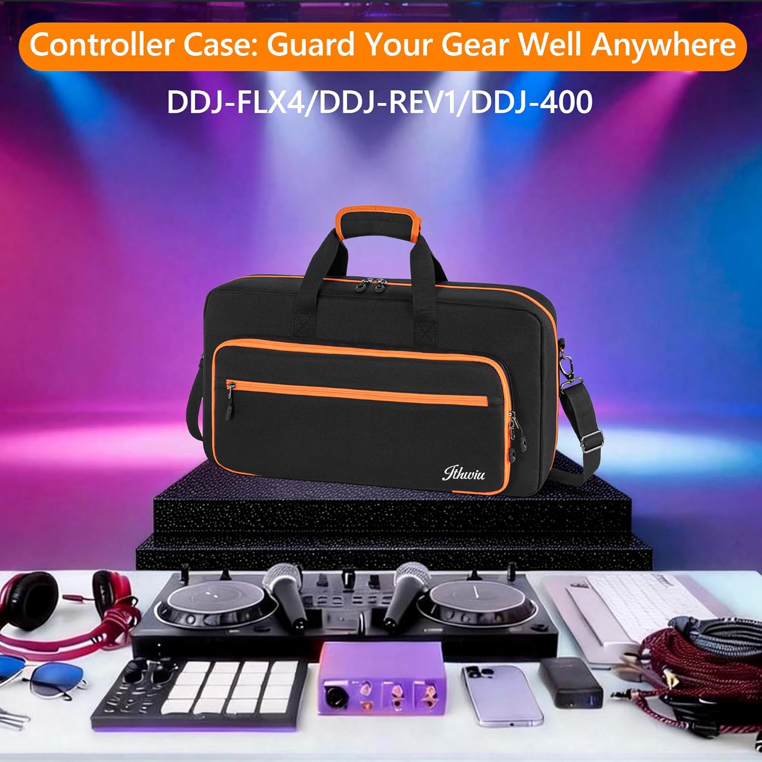 Padded DJ Controller Case Compatible with DDJ FLX4/DJ 400/DDJ REV1, DJ Carrying Bag with 5-Pocket fits up to 15.6'' Laptop, Headphones, Cables, with Adjustable Shoulder Strap, 21.5"x11.8"x2.5"