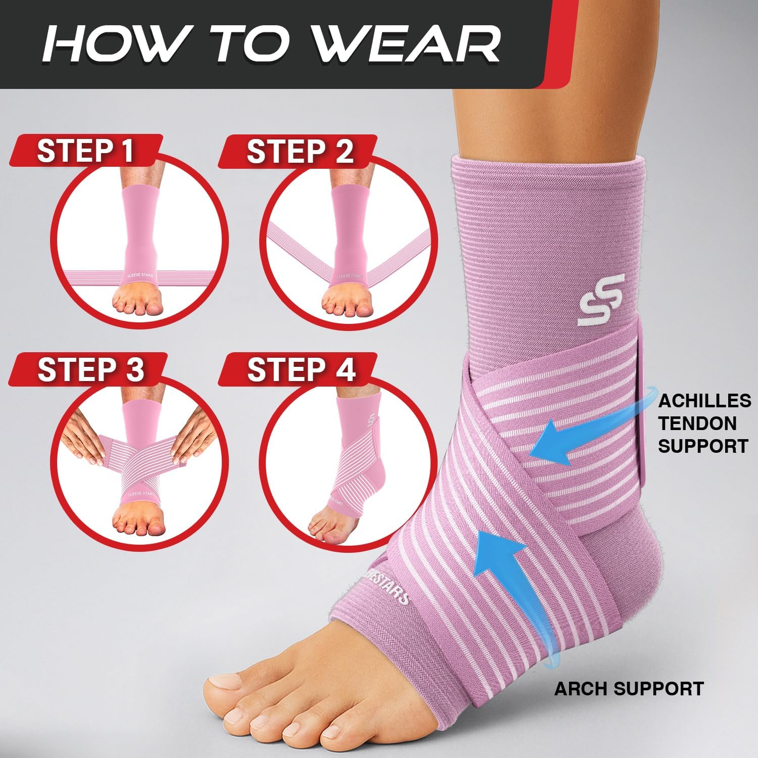 Sleeve Stars Ankle Brace for Women & Men, Ankle Wrap for Sprained Ankle, Compression Sleeve for Plantar Fasciitis Relief, Easy Customizable Support: w/Removable Strap (Single/L:12"-13"/Baby Pink) - Image 7