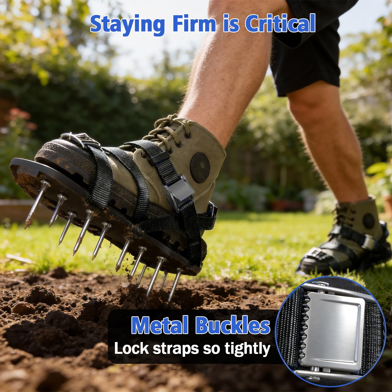 Lawn Aerator Shoes Upgraded Heavy Duty Metal Buckle Soil Spike Aerating Shoe Adjustable Straps Universal Size Scarifier Mud Shovel Lawns Tool for Yard Patio Garden, Nail 2.24"/5.7cm (Black) — view 5