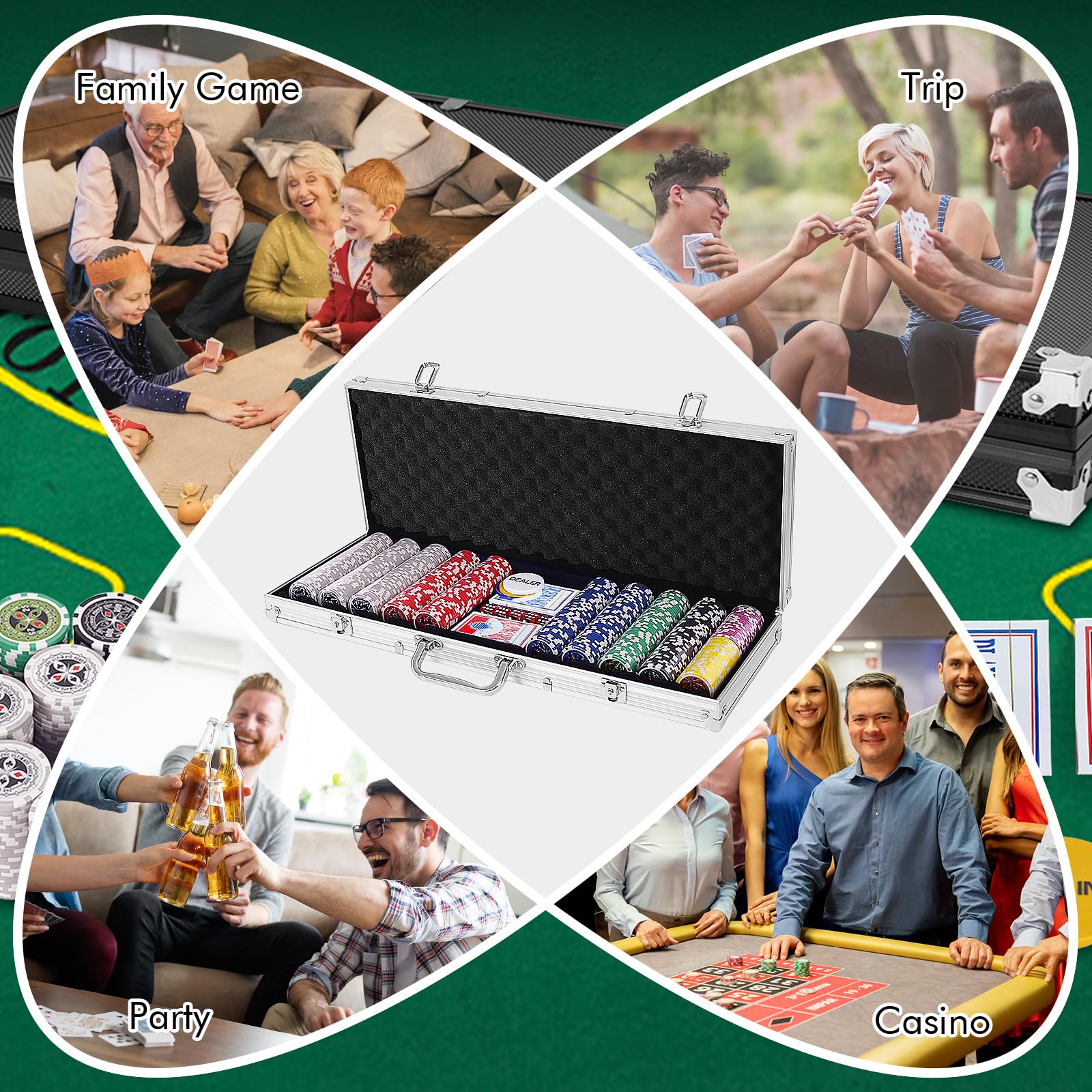 HOMASIS Juego de póquer con fichas láser, Estuche de póquer con 2 mazos de Cartas, 5 Dados, 1 botón de crupier, Juego de póquer con Cerradura, Cartas de póquer para Fiestas (Plata, 500 fichas láser)