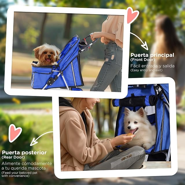 Foto 7 de 8 de Pawhut Cochecito Plegable Mascotas 75x45x97cm Perros Gatos Carrito Ruedas giran 360º Azul