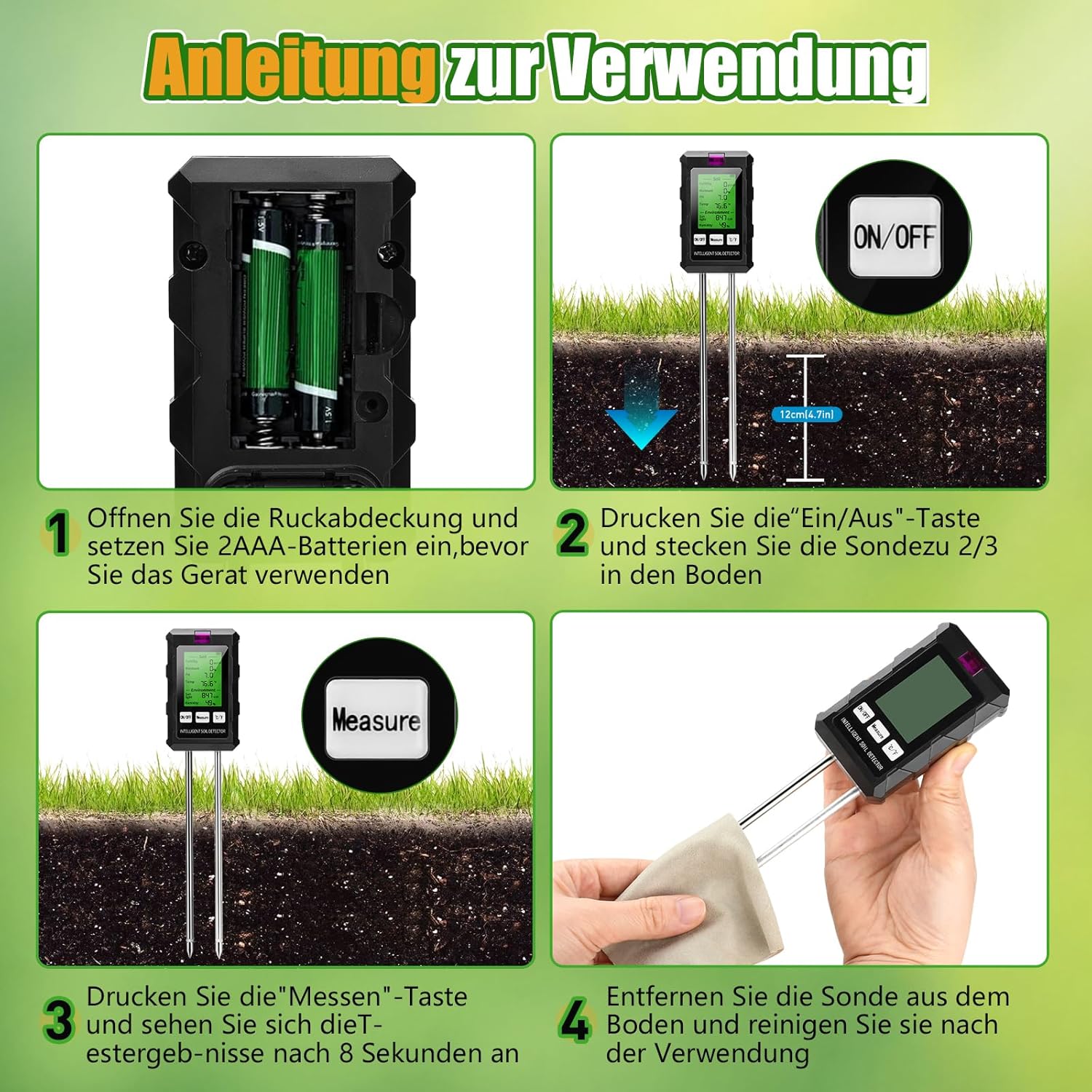 Instructions for using the Voktta 6-in-1 Soil Meter, showing battery installation, probe insertion, measurement, and cleaning