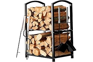 HOME IT Firewood Rack Outdoor/Indoor: Fireplace Tools Set with Log Holder, Brush, Shovel, Poker, Tongs
