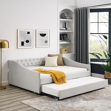 Full Daybed with Trundle, Modern Wood Day Bed Frame with Tufted Button and Nailhead, Upholstered Sofa Bed with Pull Out Trundle for Living Room, Bedroom, Guest Room, No Box Spring Needed, Beige