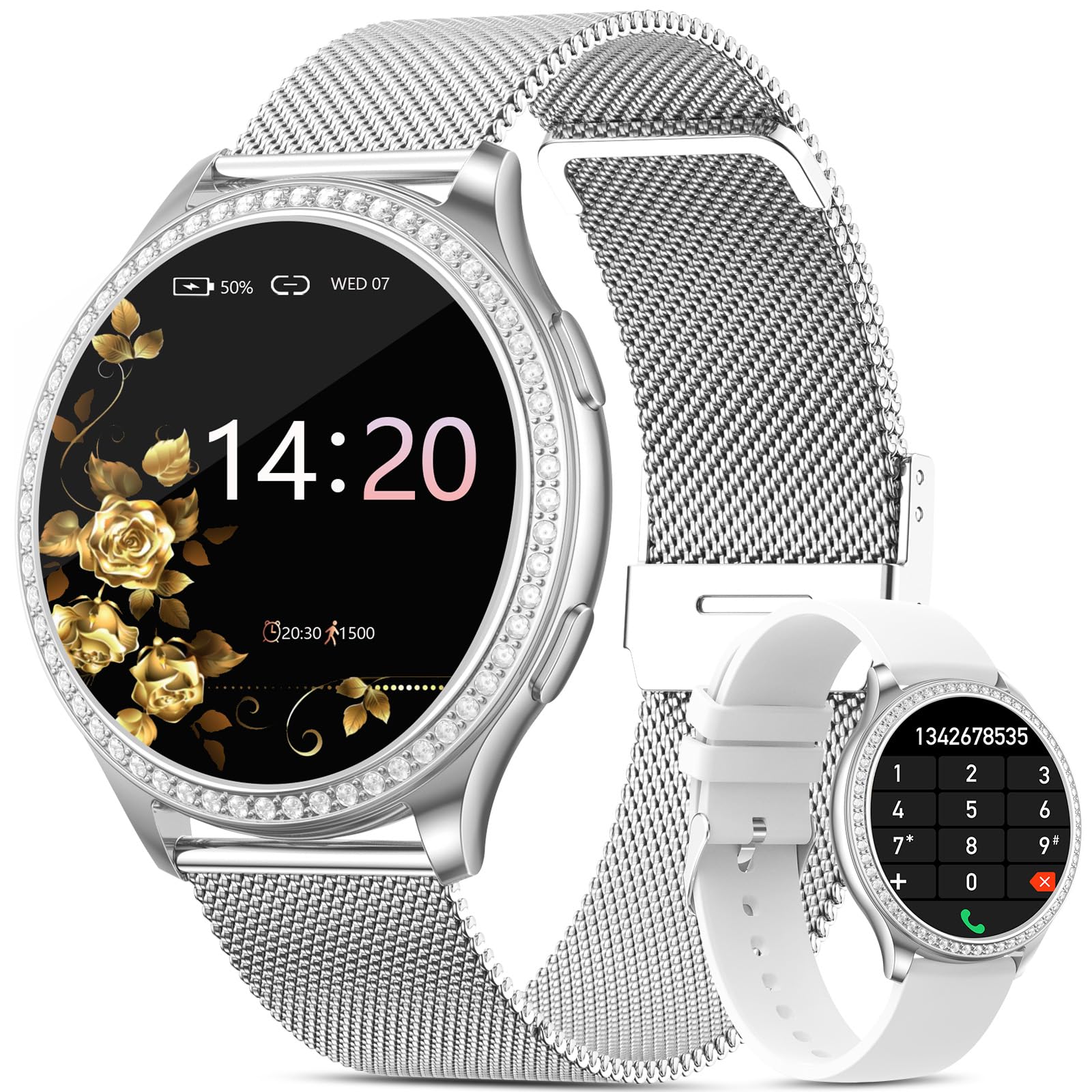 RifePhi Damen Smartwatch 1.32 Zyklustracker SpO2 Schlafanalyse IP67 wasserdichte Sportuhr Anruffunktion Schrittzähler Herzfrequenzmesser Kompatibel iPhone Android